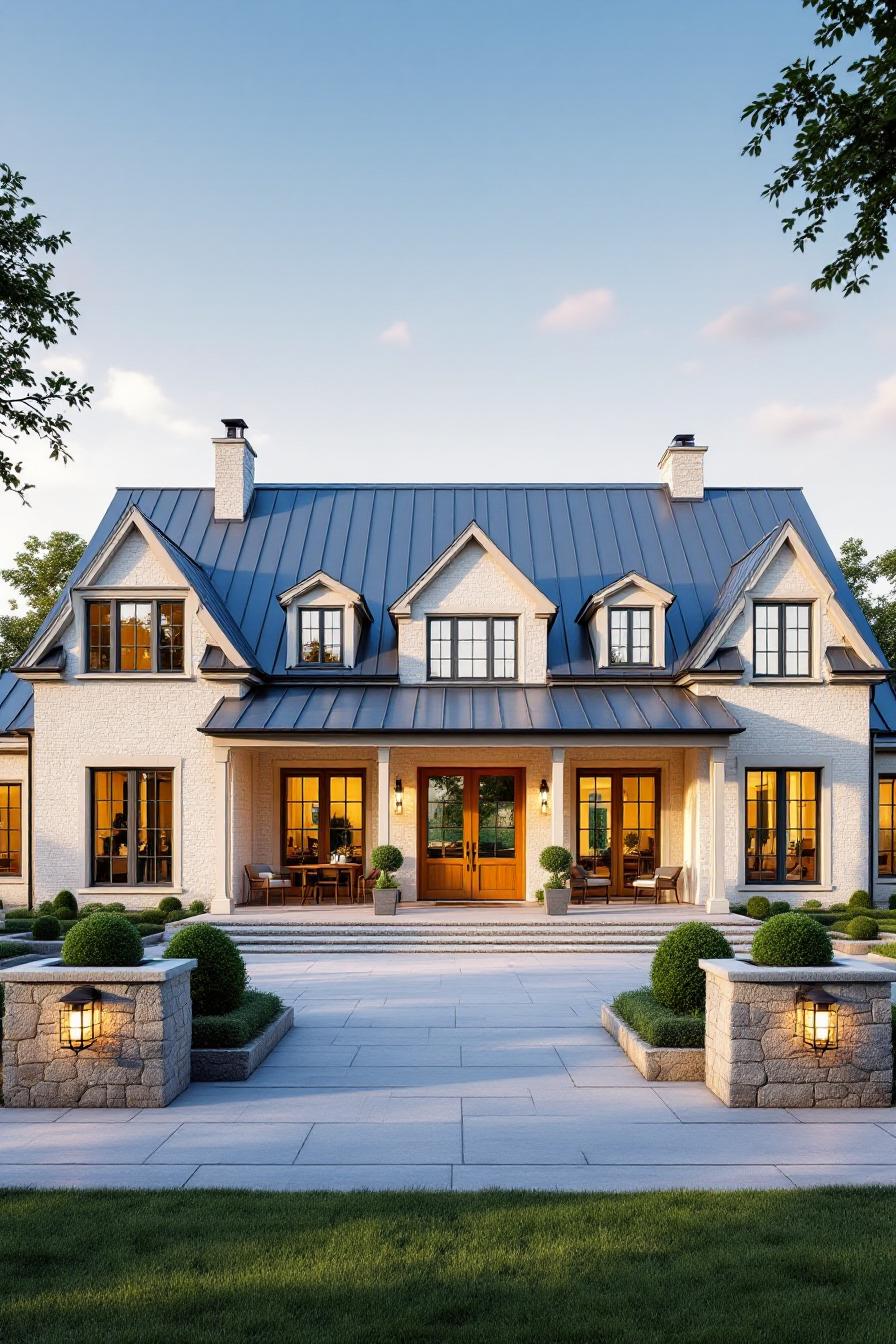 Elegant country house with lit windows and manicured garden