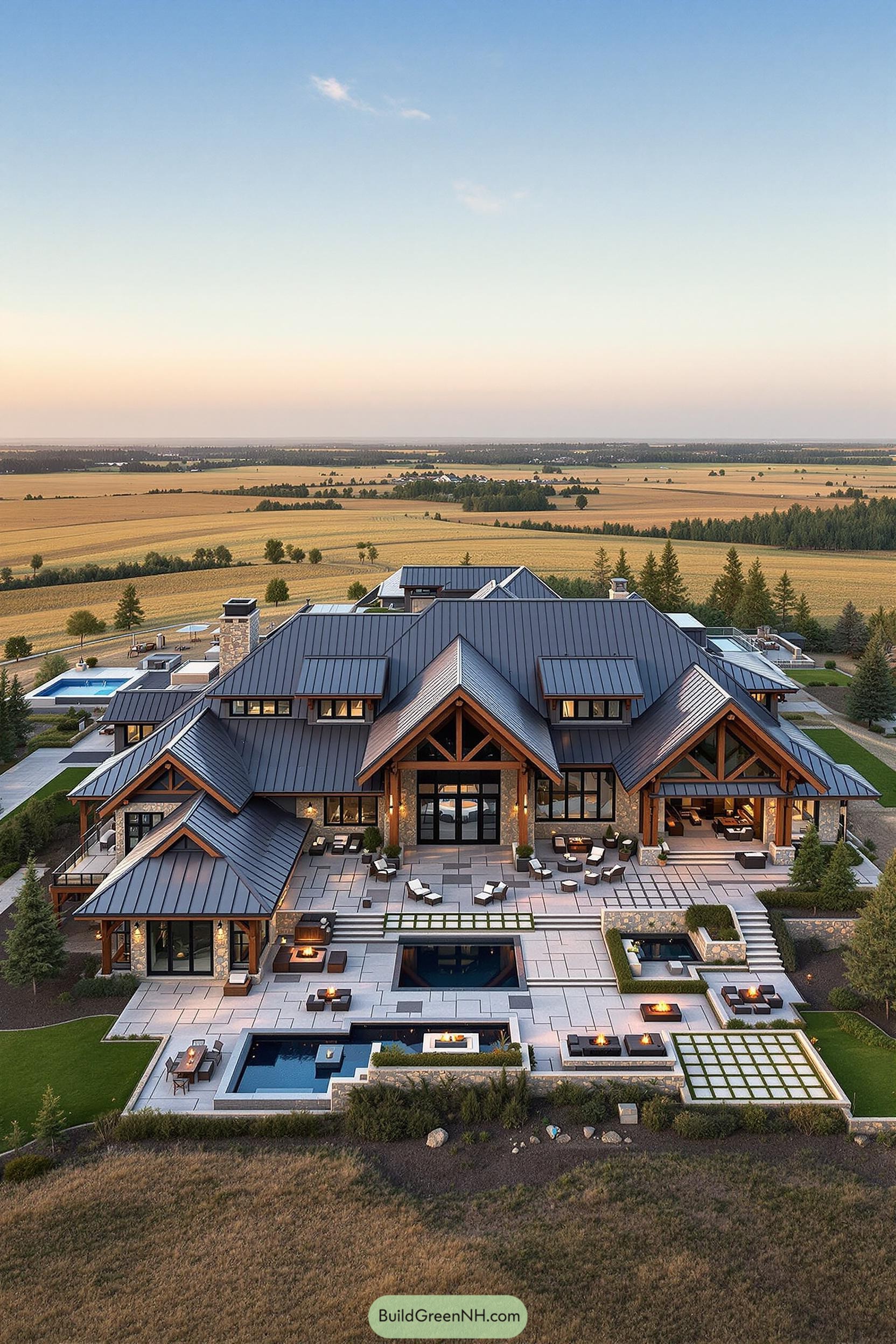 Sprawling ranch house with patio and pools