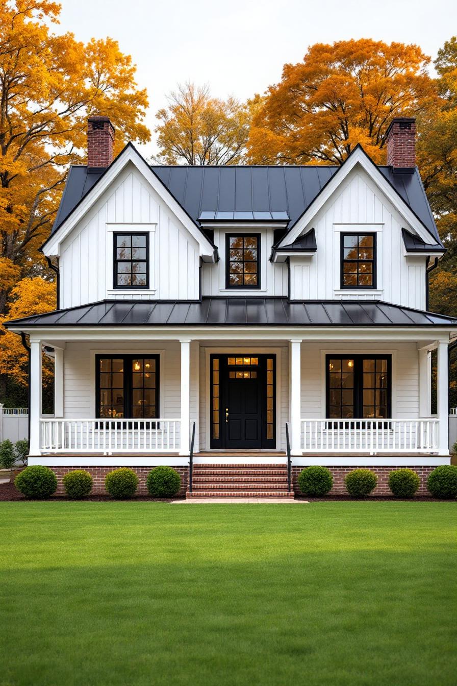 White charming cottage with autumn trees