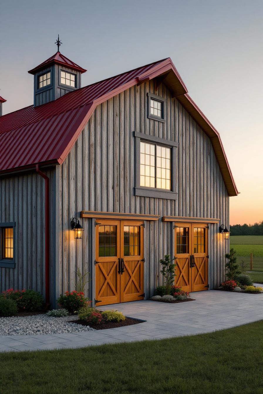 Wooden barn with red roof and warm lights