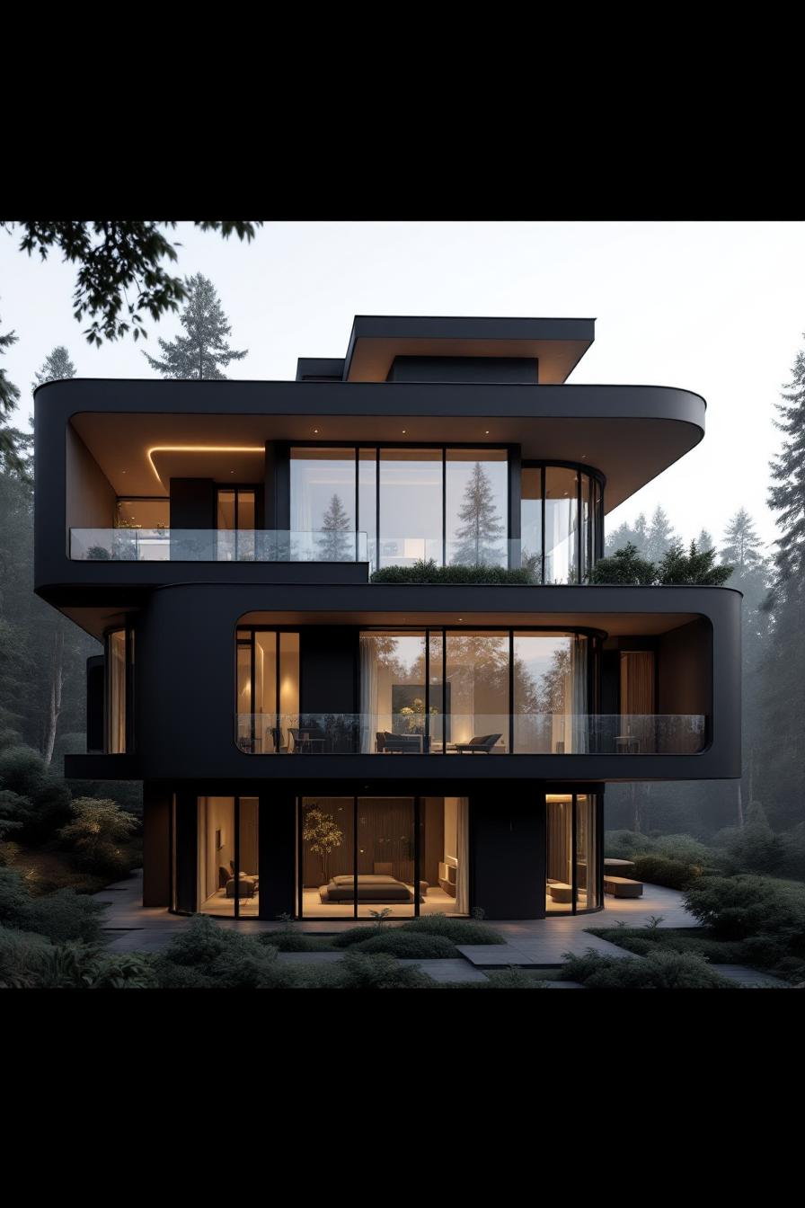 Sleek black modern house with large windows in a forested area
