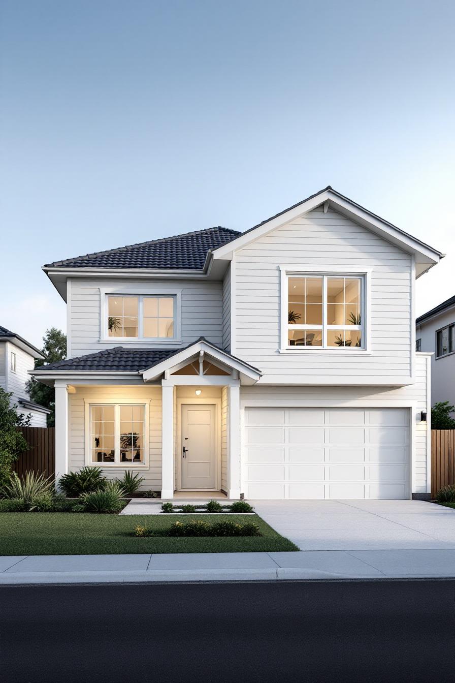 Two-story white country house with a garage