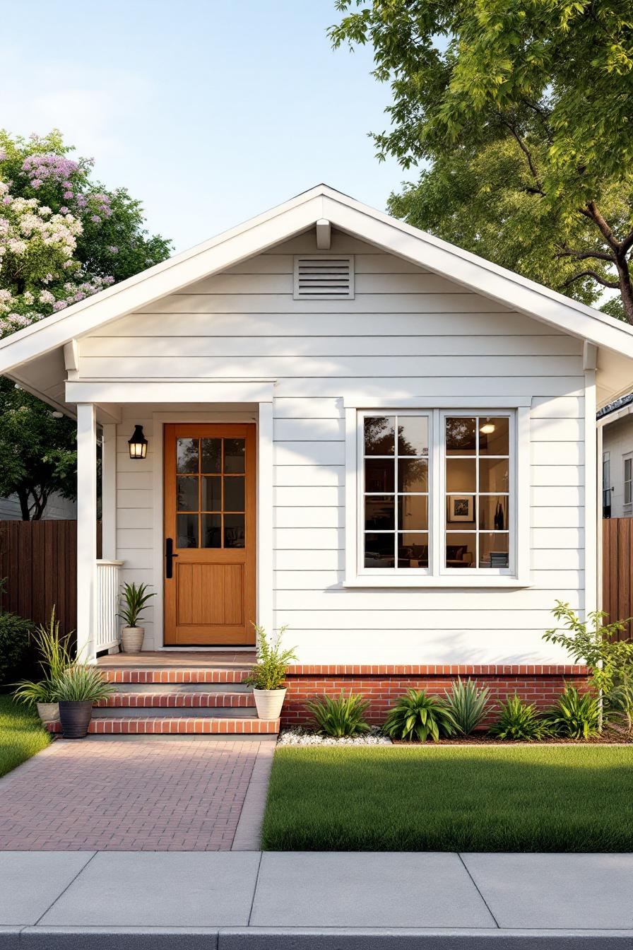 Cute white bungalow with a wooden door and lush greenery