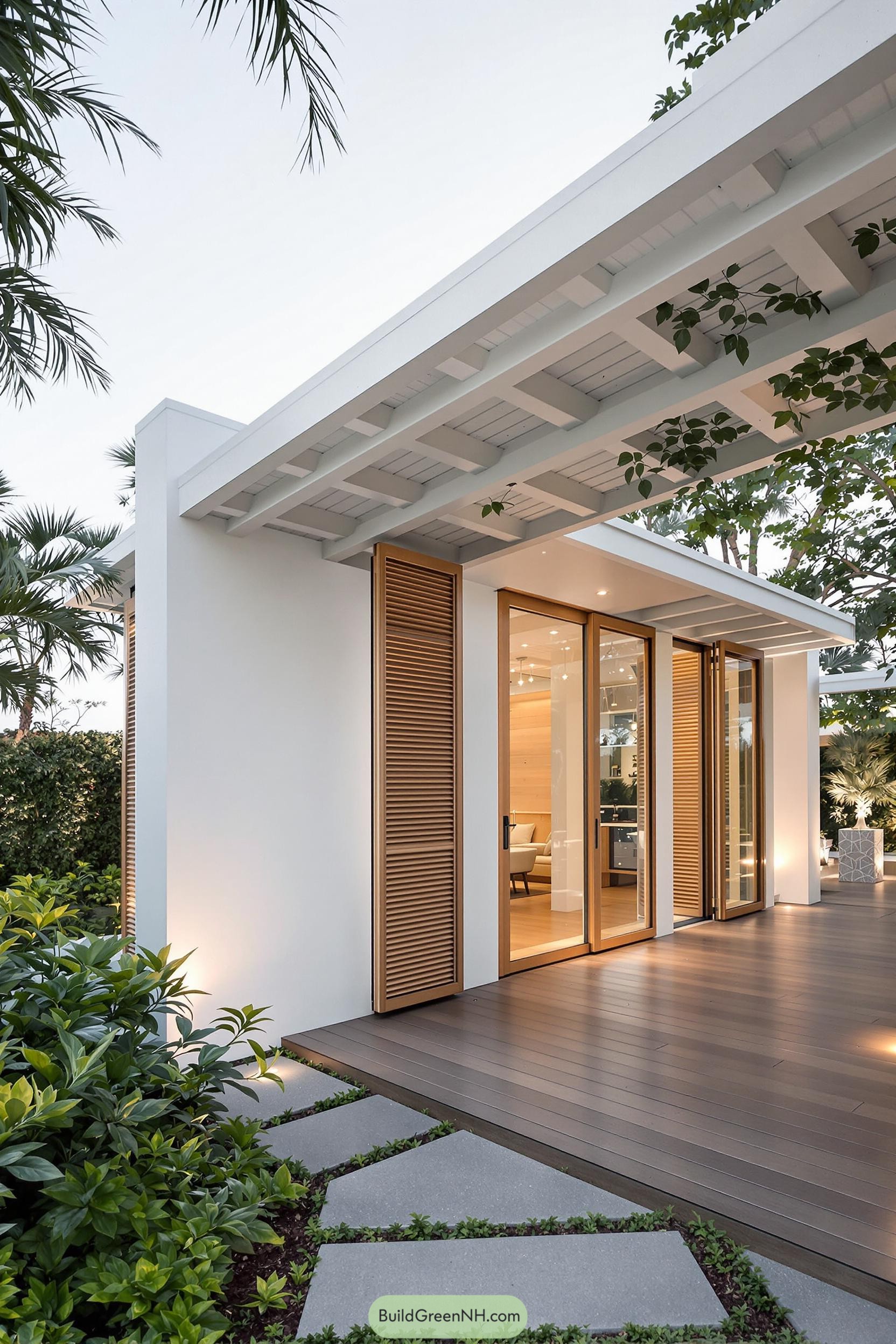 Minimalist modern bungalow with wooden accents and greenery