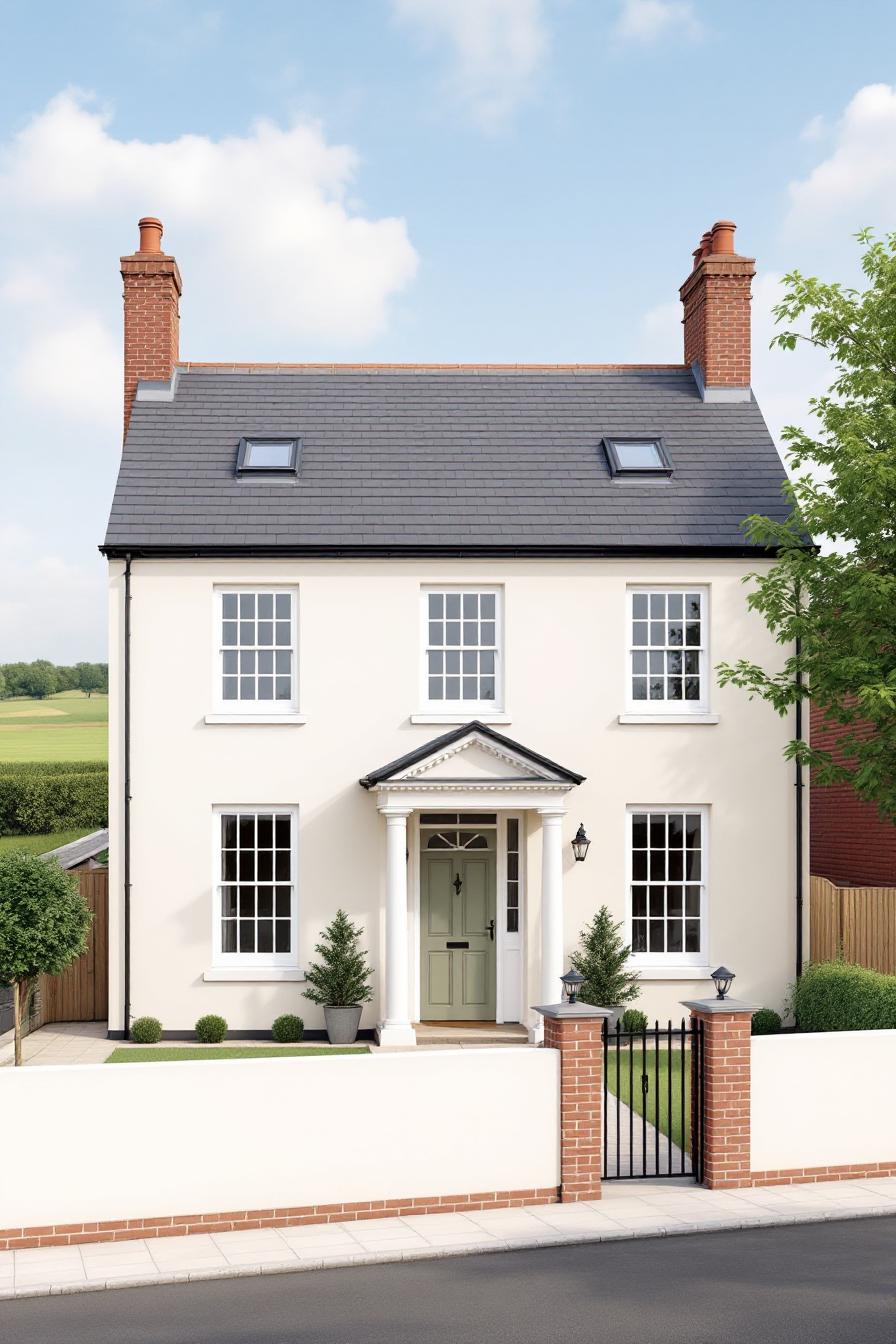 Elegant Georgian-style house with white facade and lush garden