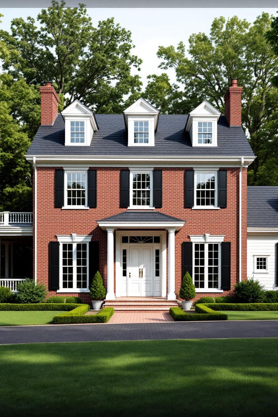 Red brick Georgian farmhouse with white columns