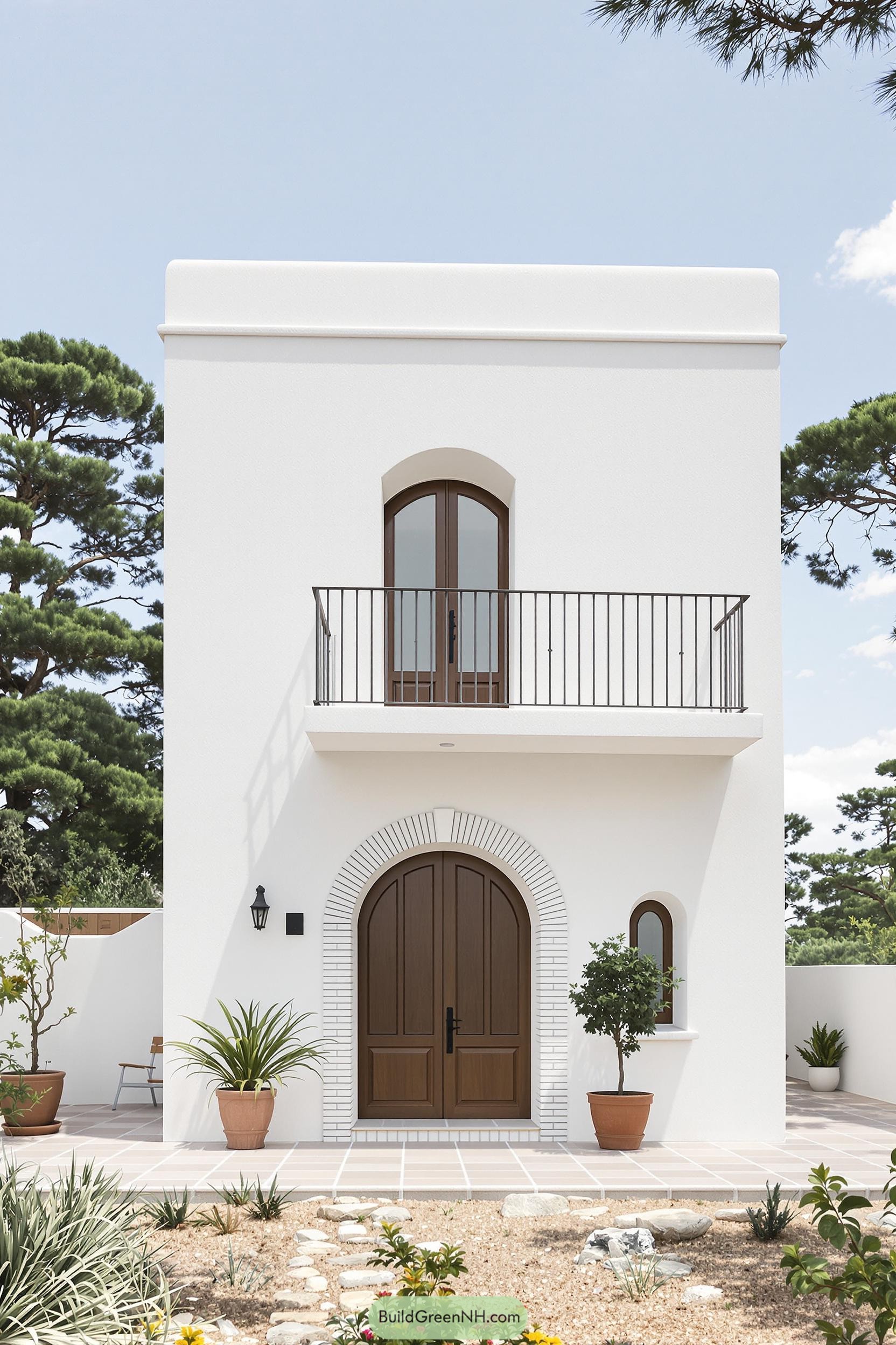 Bright white cottage with arched wooden doors