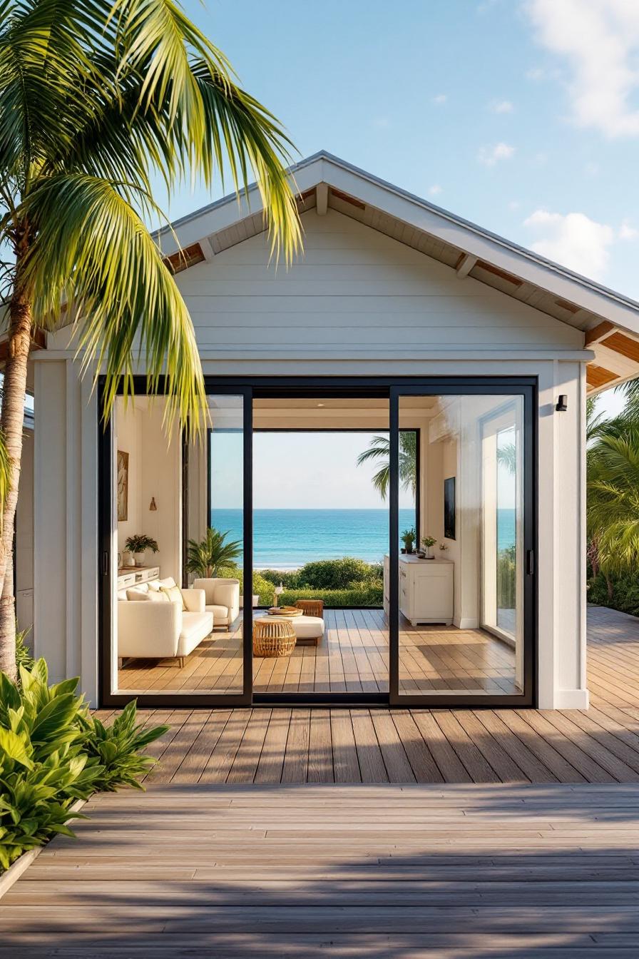 Cottage with ocean view and palm trees