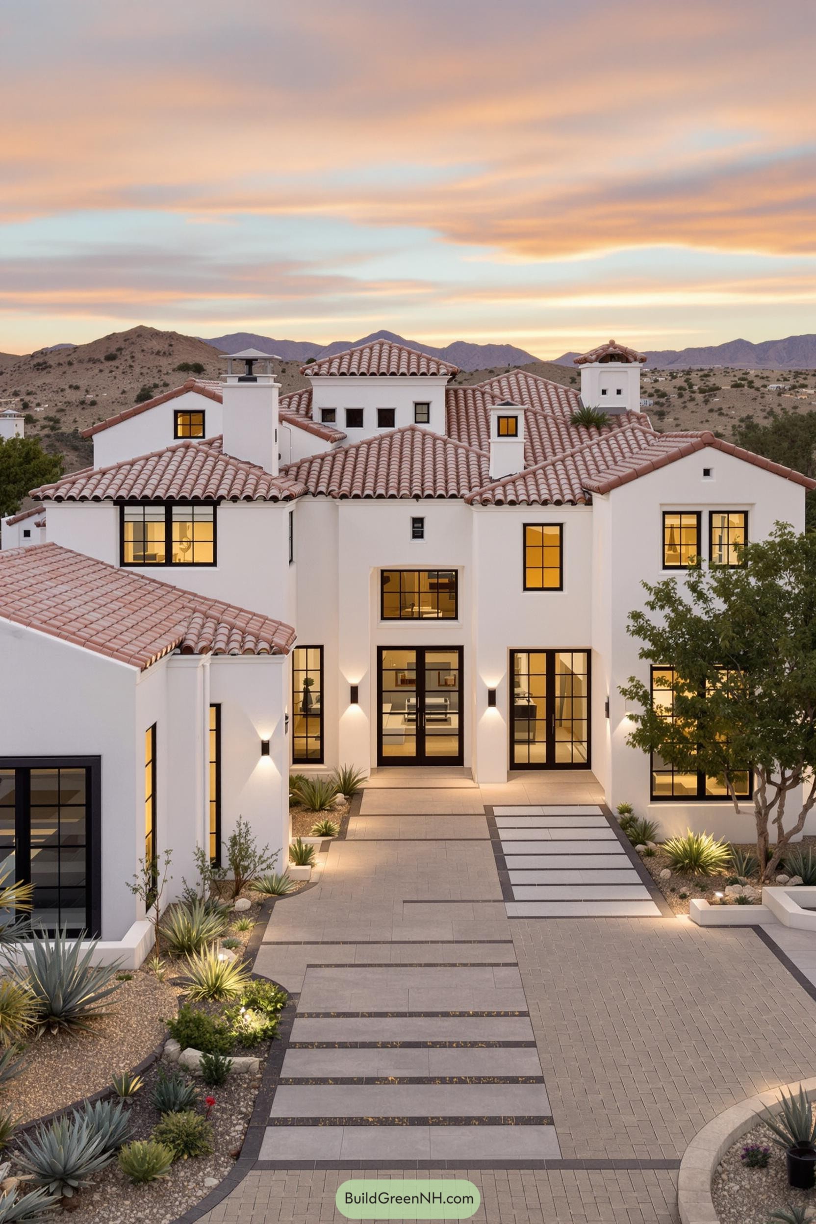 White stucco Spanish Revival house with red tile roof