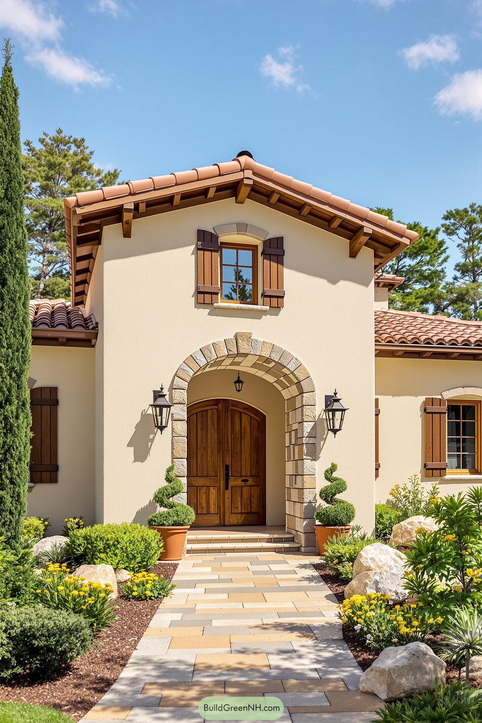 Charming Tuscan-style home with stone archway and lush garden