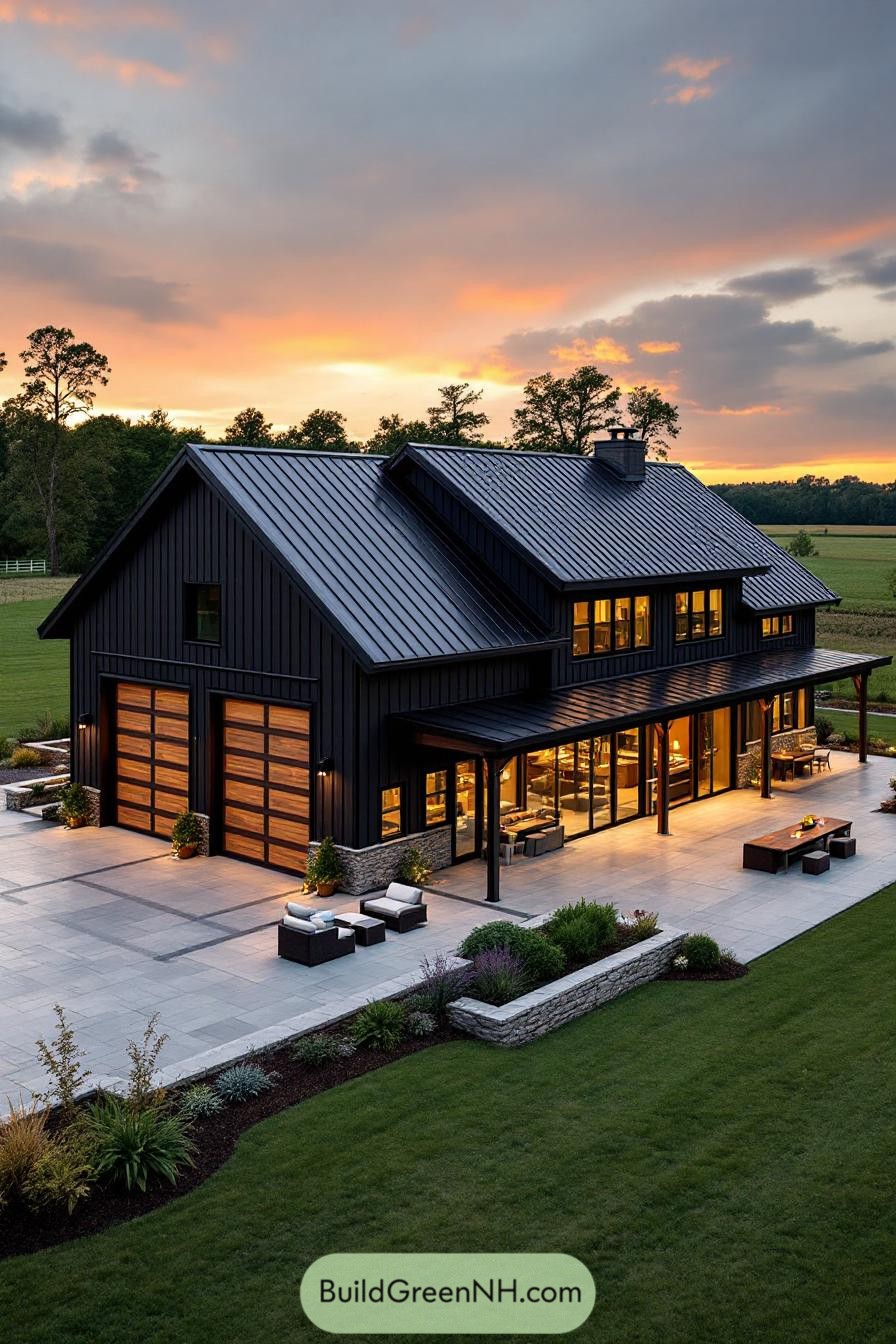 A modern barndominium with a shop at sunset