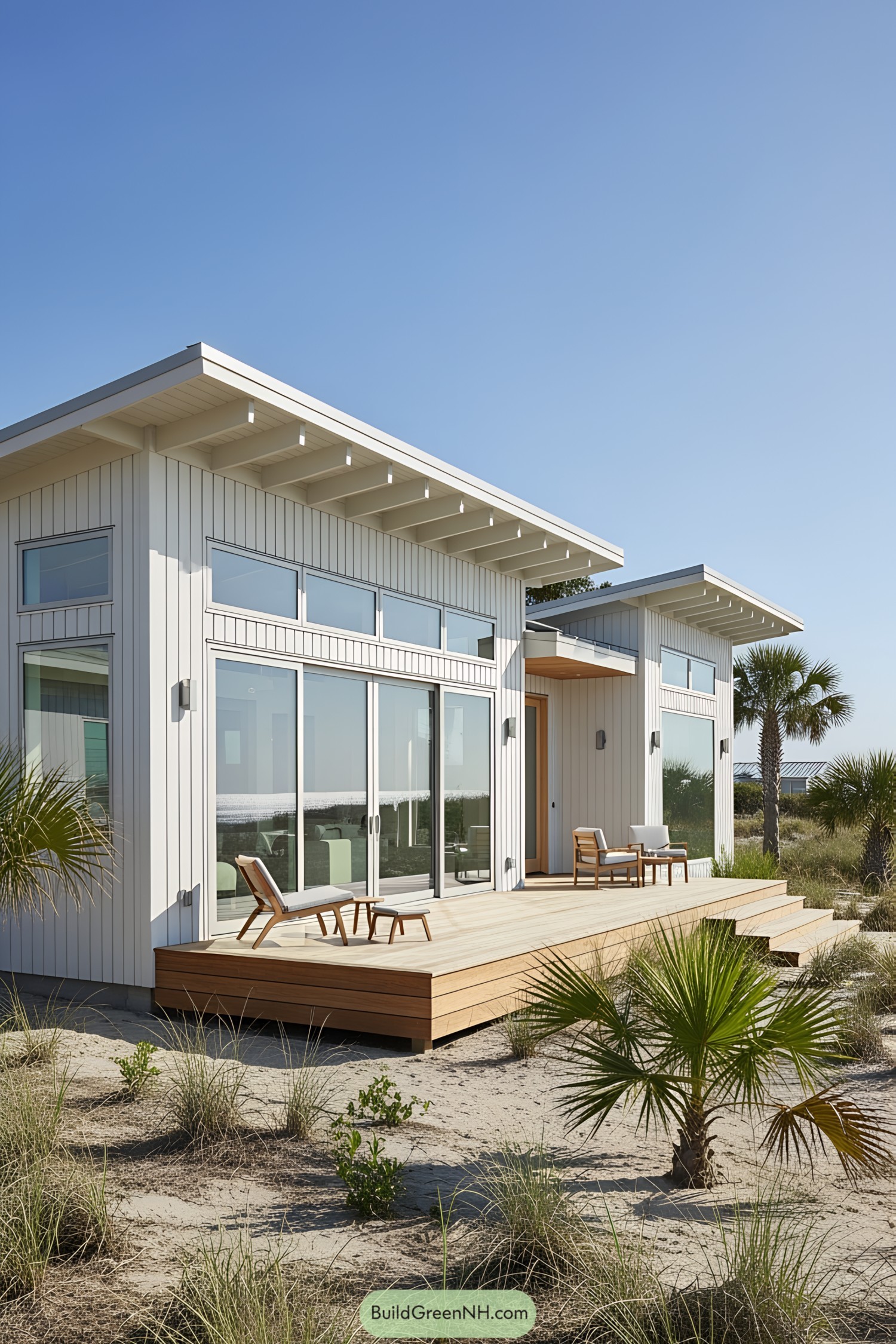 Coastal bungalow with a wooden deck and palm trees