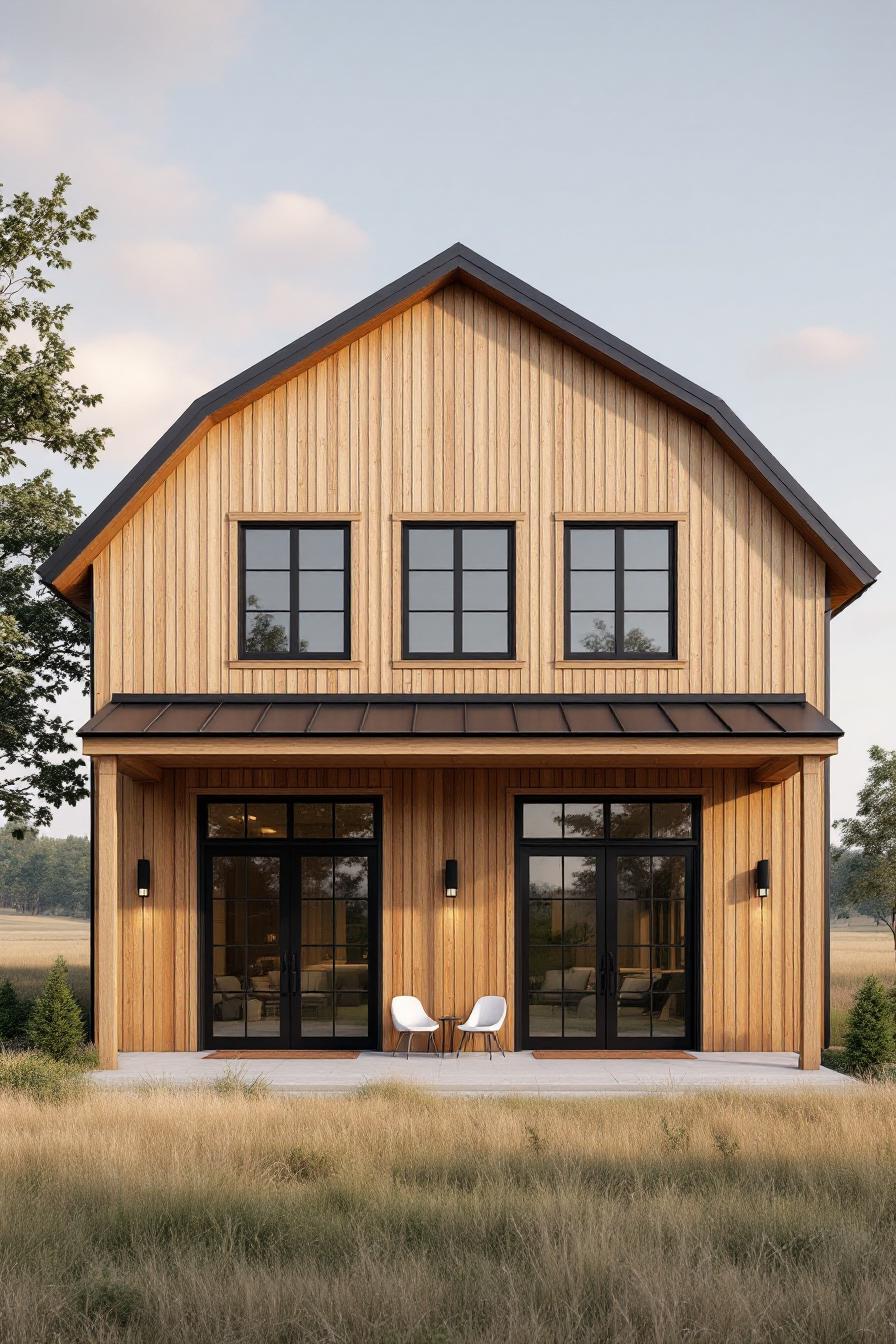 Modern wooden barn with large black-framed windows