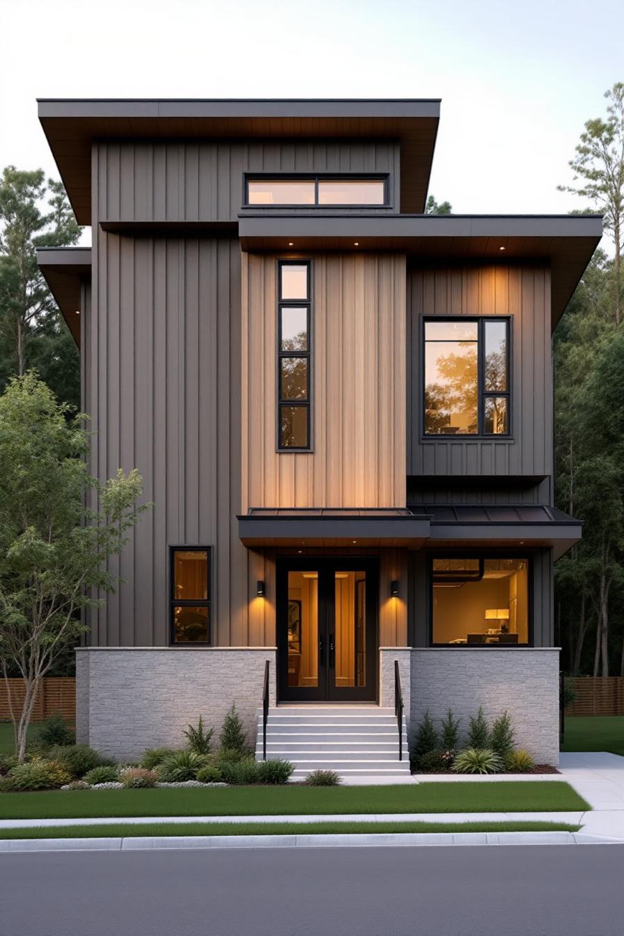 Contemporary craftsman home with sleek lines and lush greenery