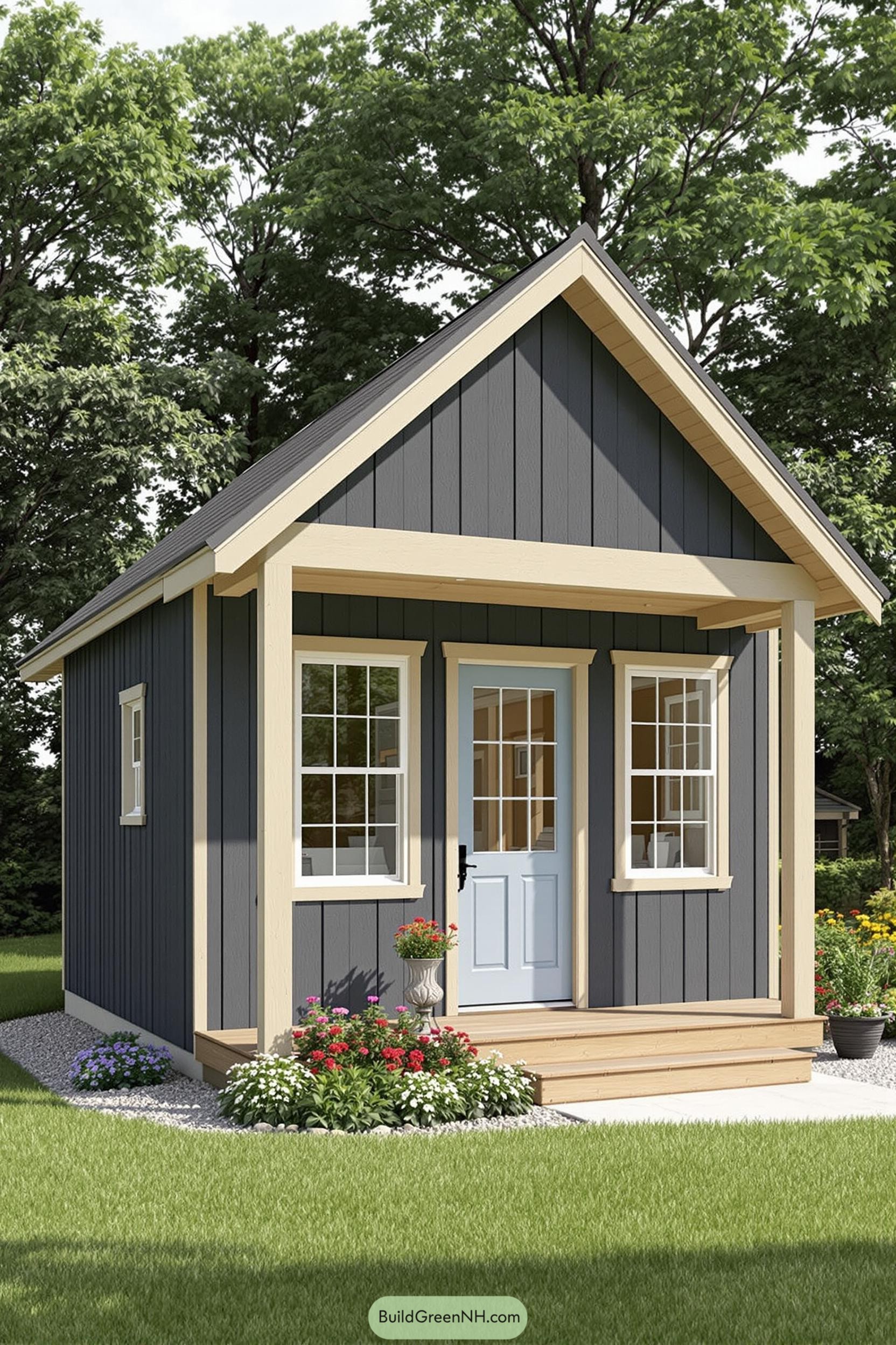 Small craftsman shed with bright door and windows