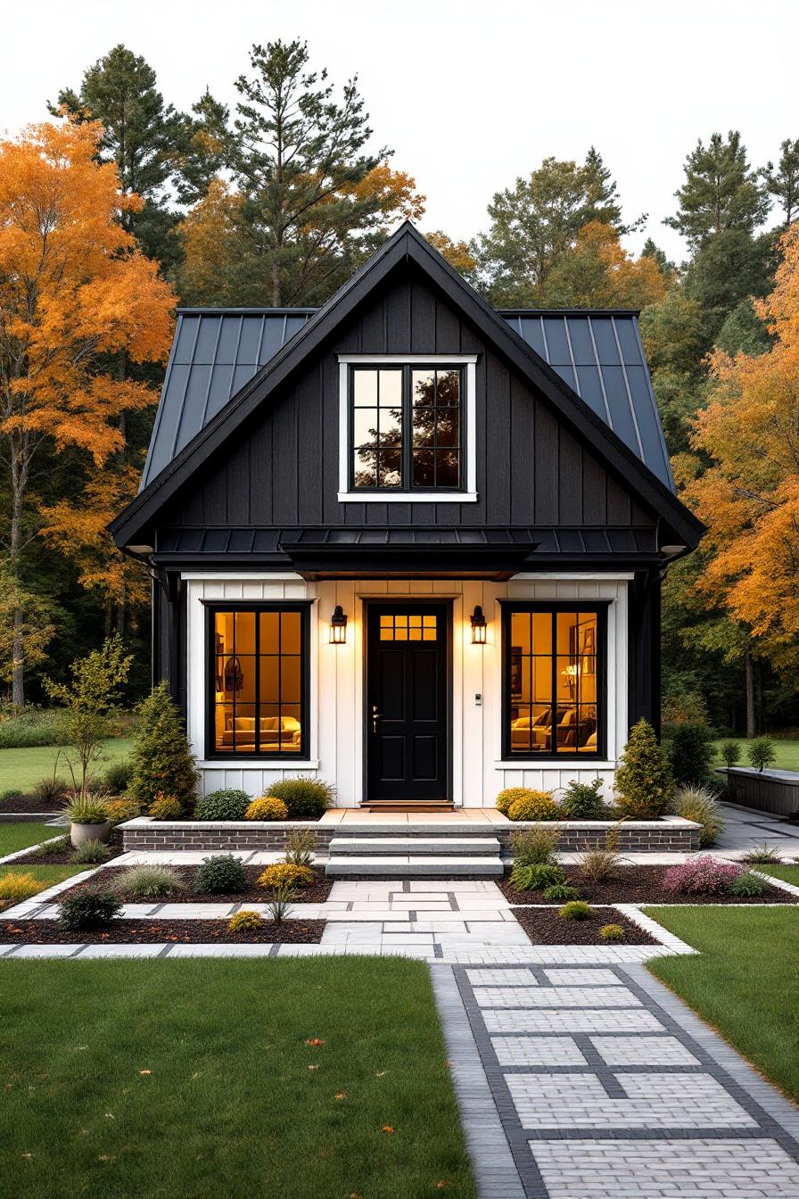 A cozy black and white cottage with glowing windows during autumn