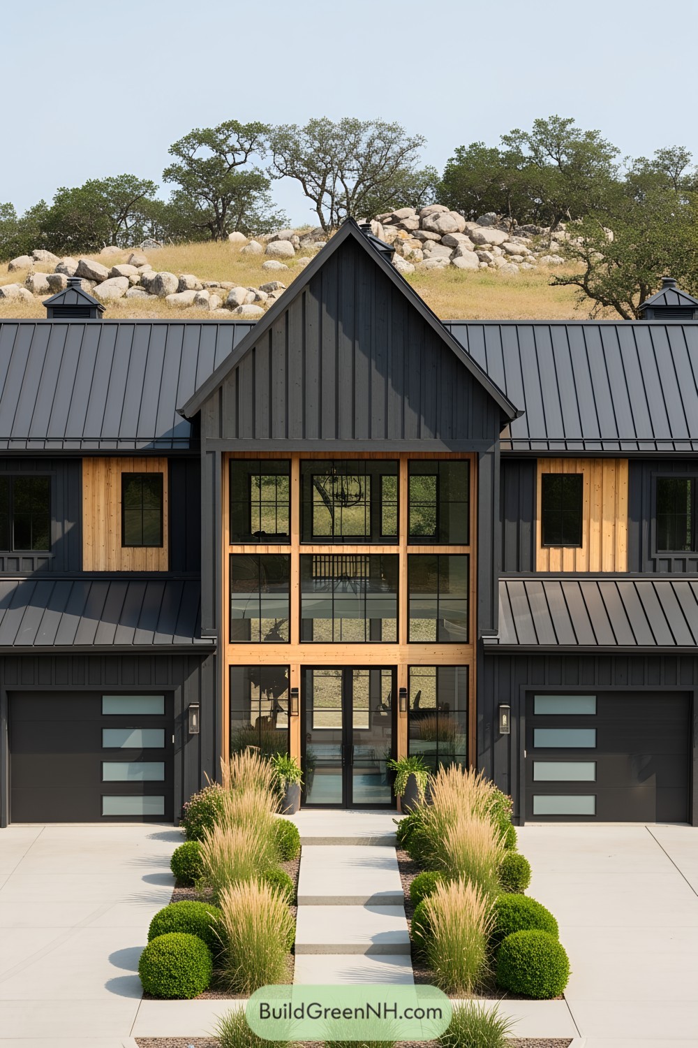 Modern farmhouse with large windows and sleek design