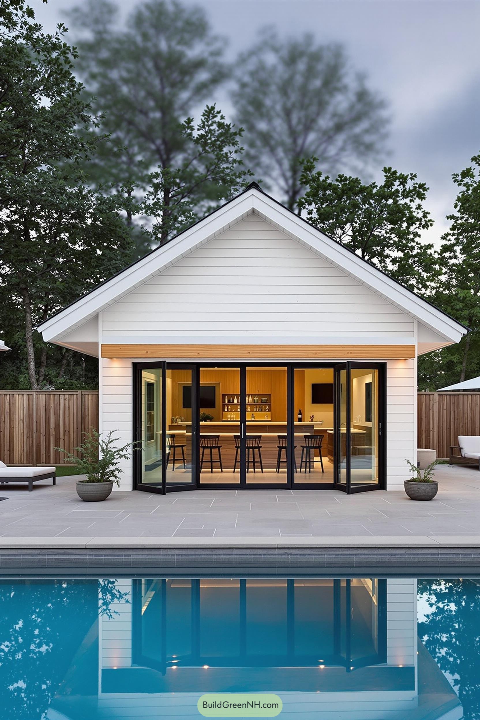 Compact pool house with folding glass doors and bar seating