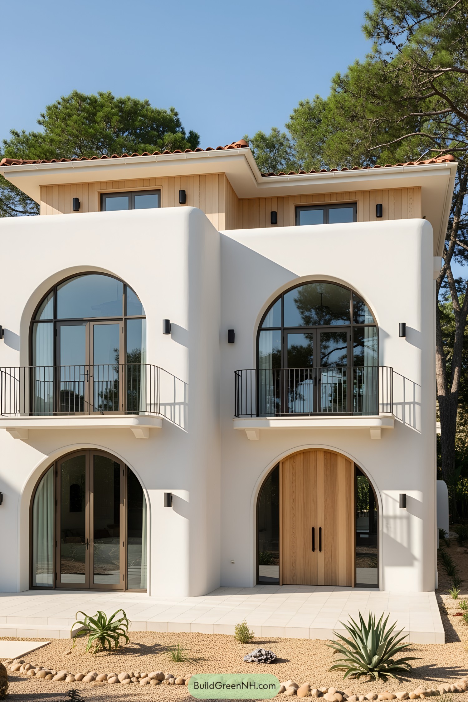 Mediterranean-style beach house with arched windows