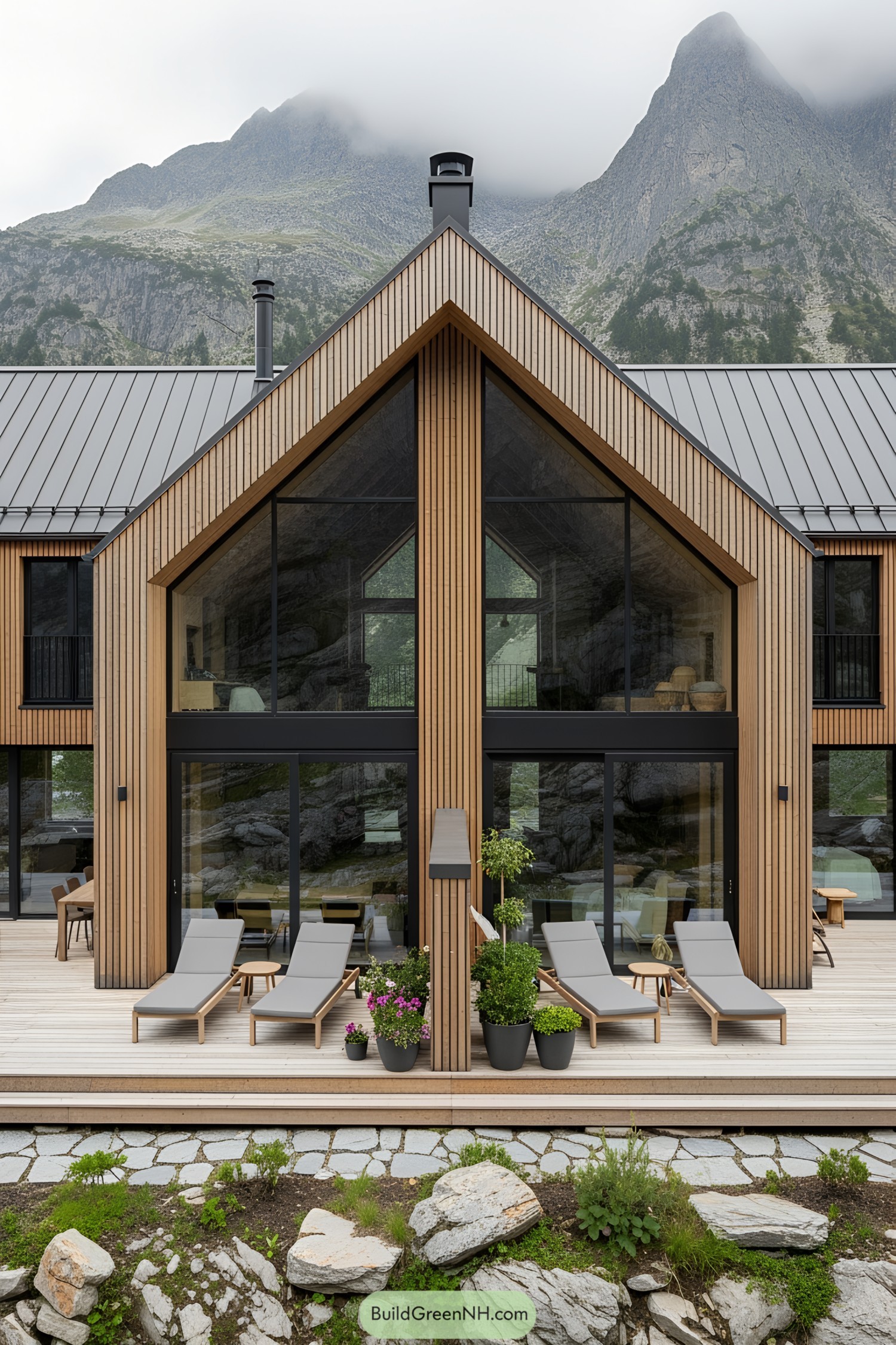A wooden mountain villa with lounge chairs on a deck