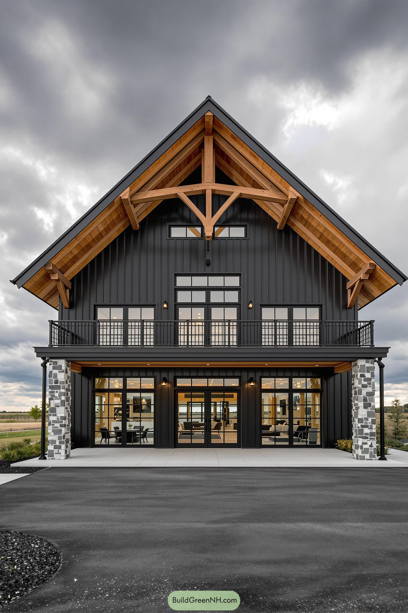 Black pole barn house with wooden accents and large windows