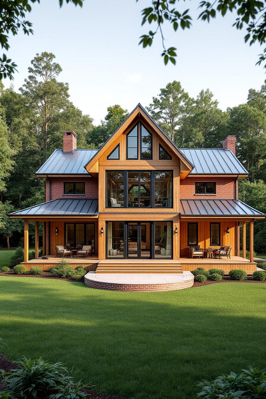 Picturesque wooden house with a spacious porch and large triangular windows
