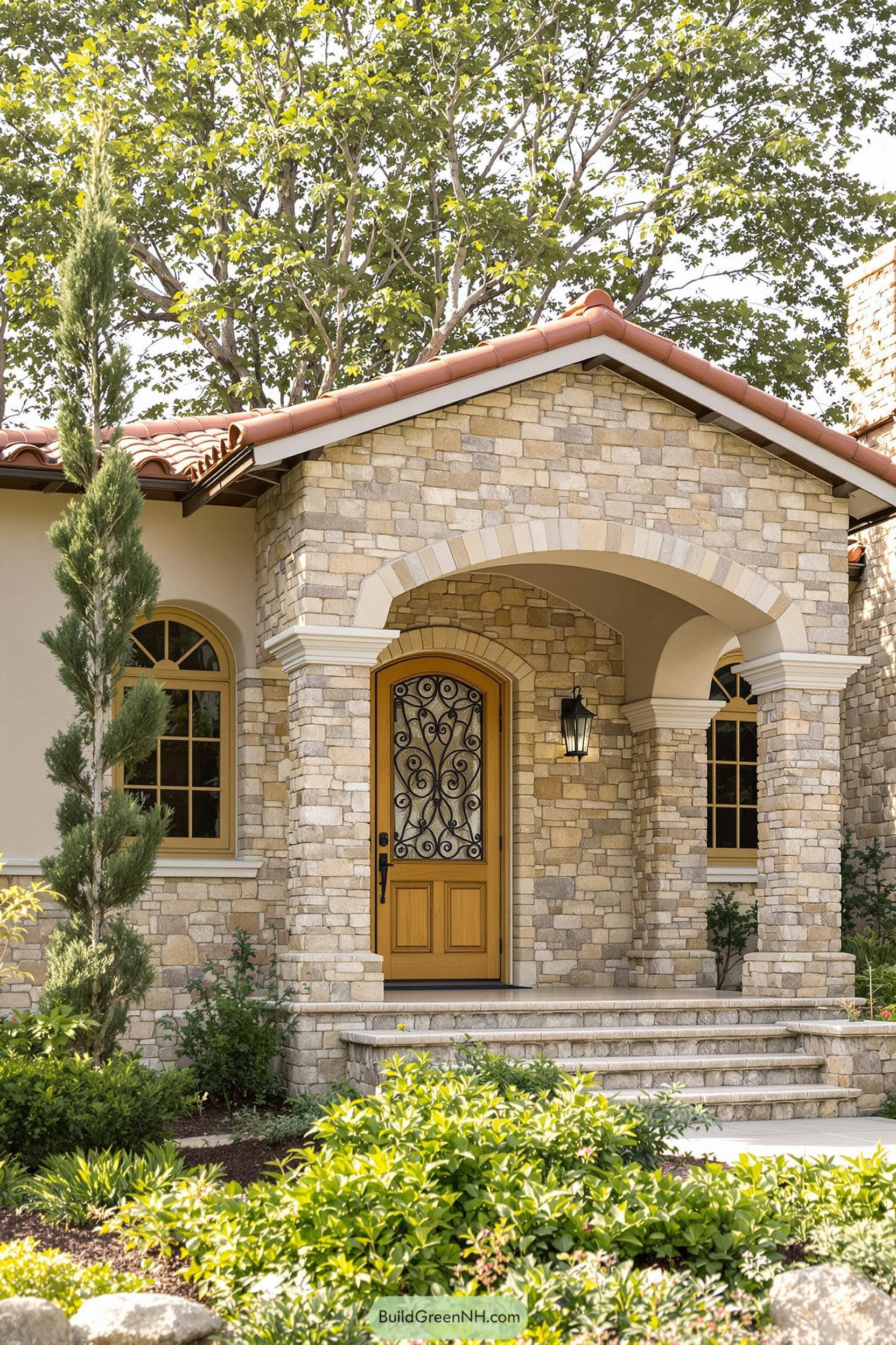 Stone facade of a small Tuscan-style house with lush greenery