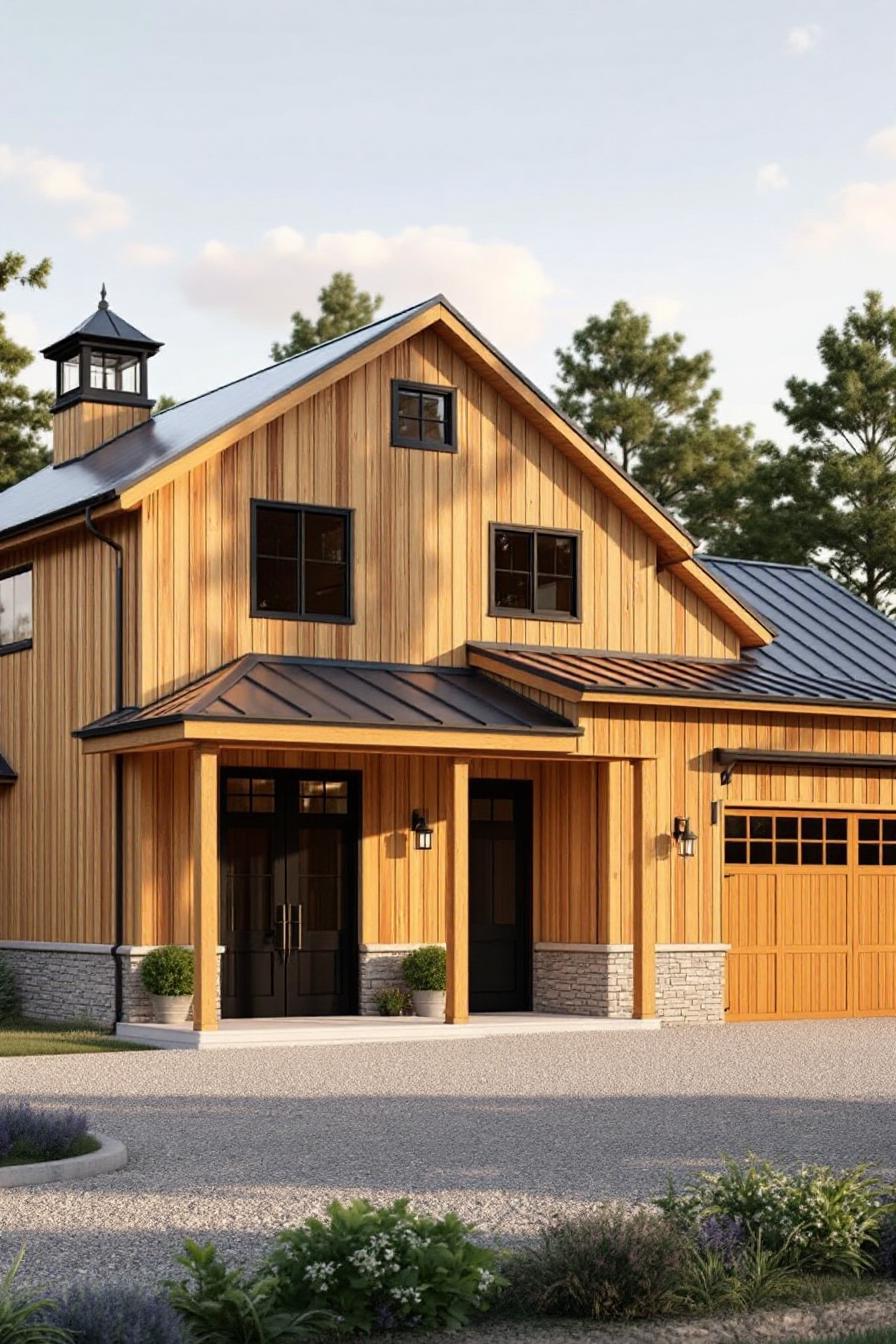 Charming wooden barndominium with a modern twist