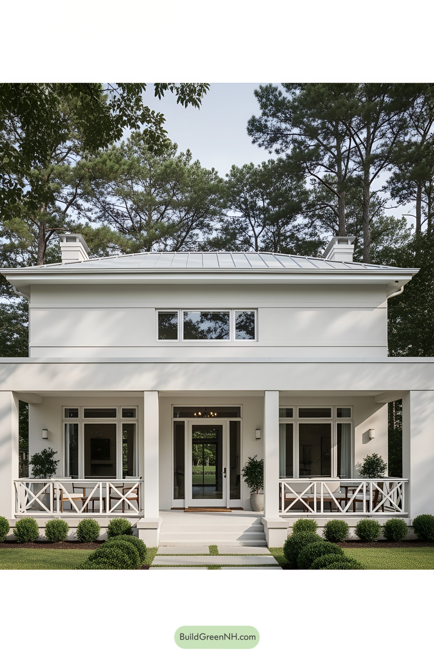 White bungalow with lush greenery