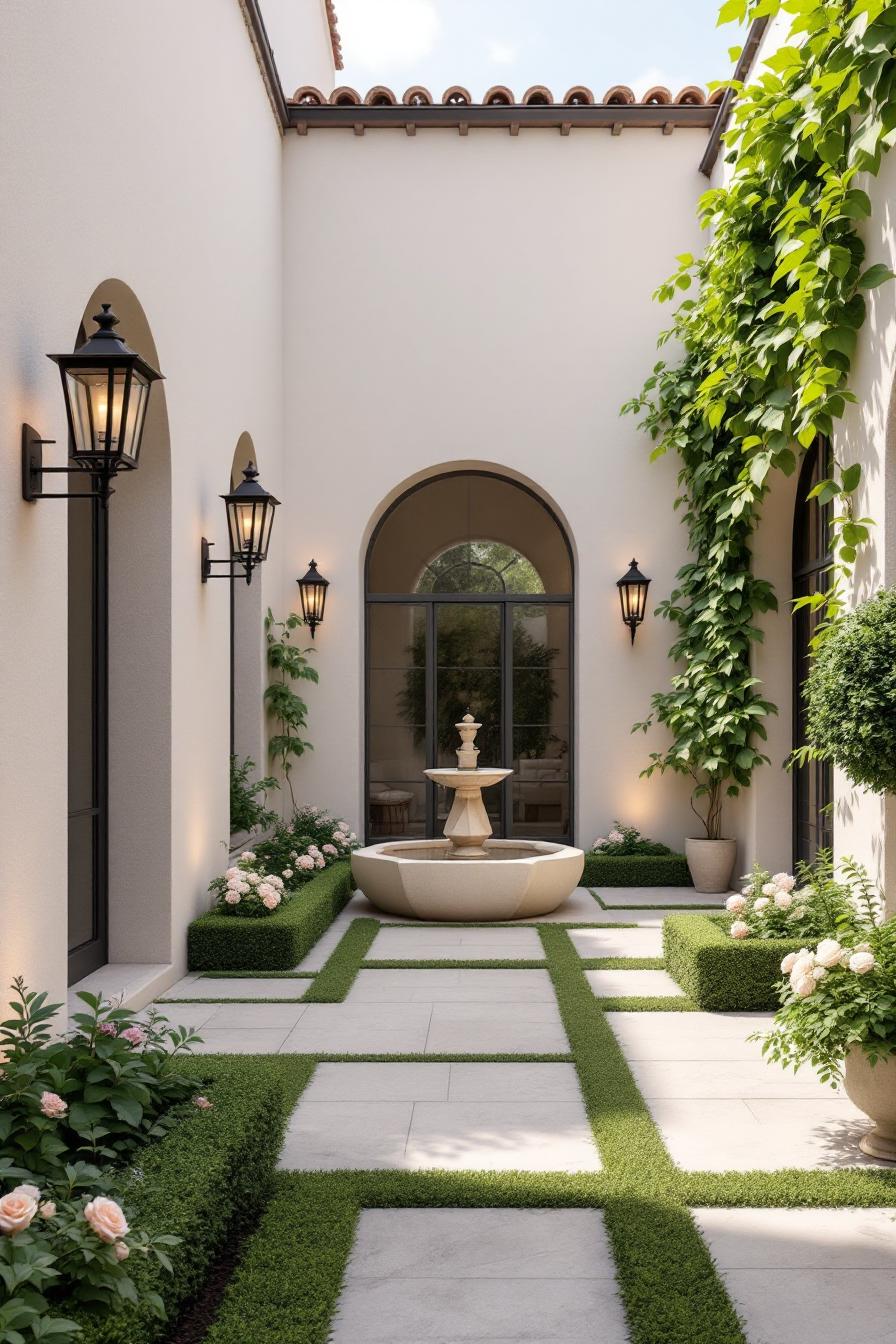 Elegant courtyard with a central fountain and lush greenery