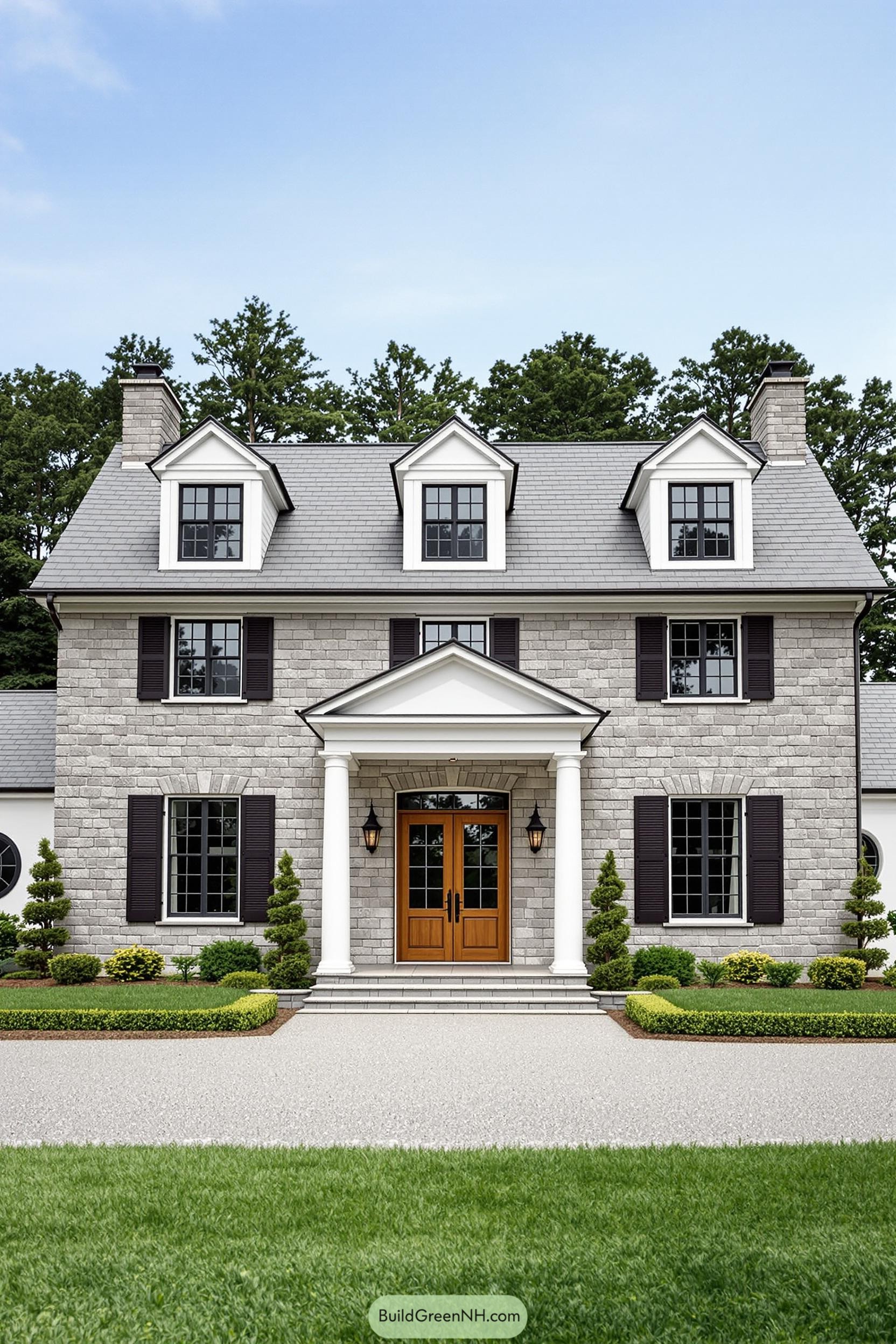 Classic stone farmhouse with columns and dormer windows