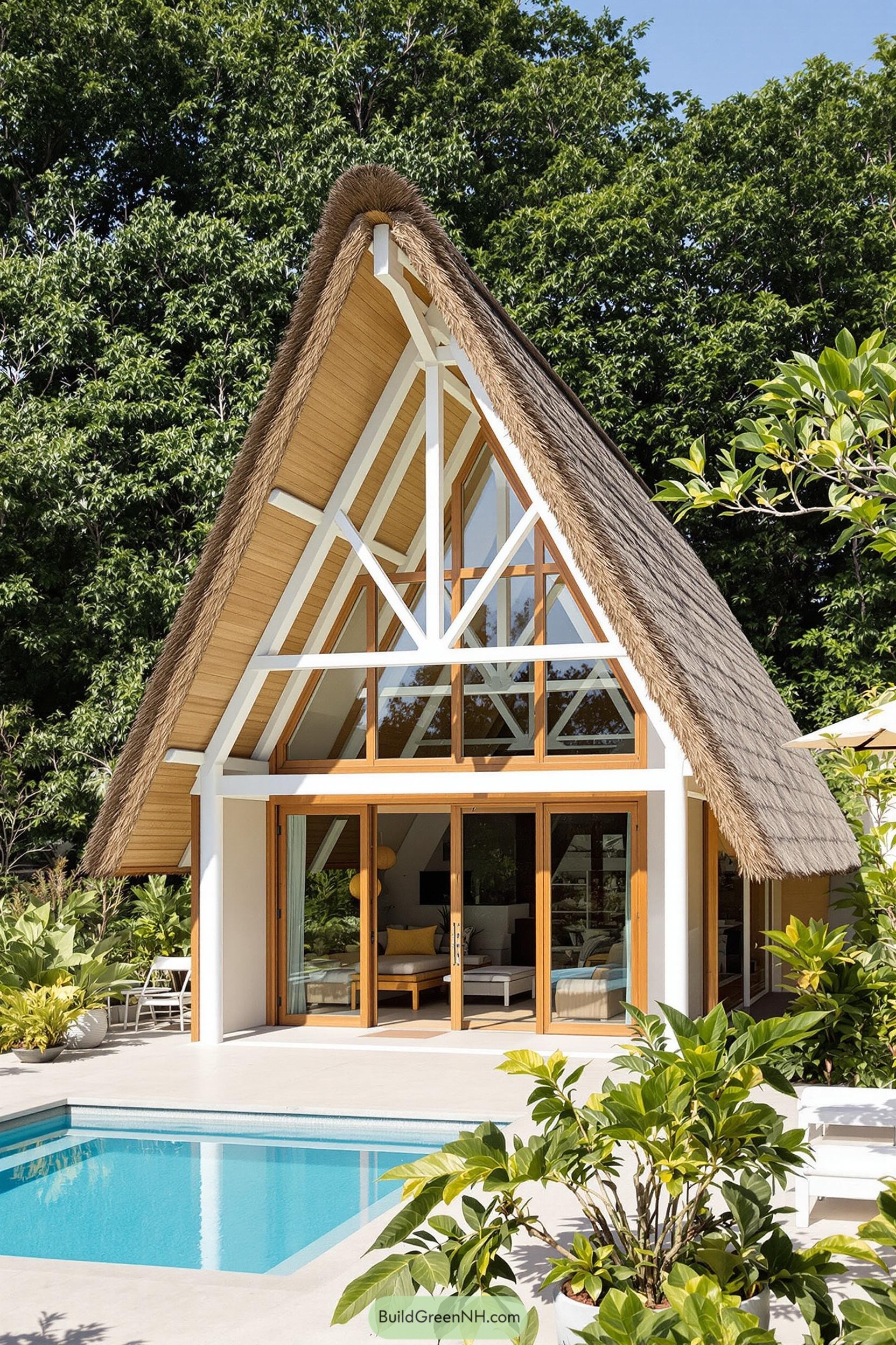 A-frame hut with thatched roof by a pool