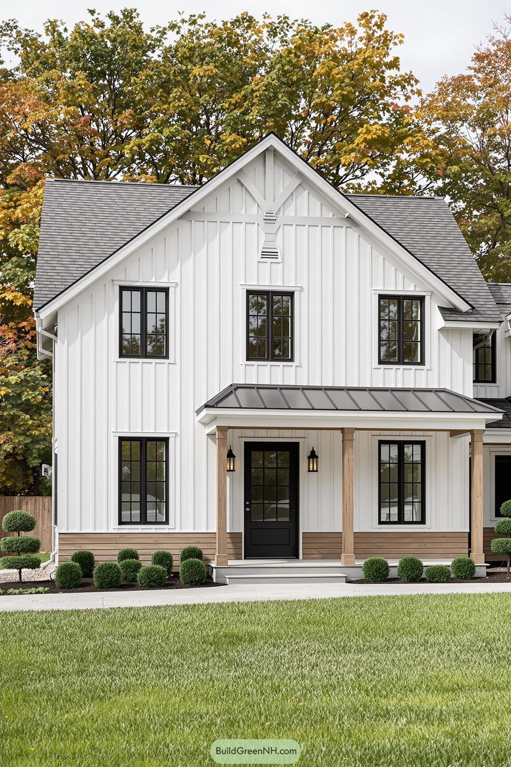 Two-story farmhouse with black framing accents