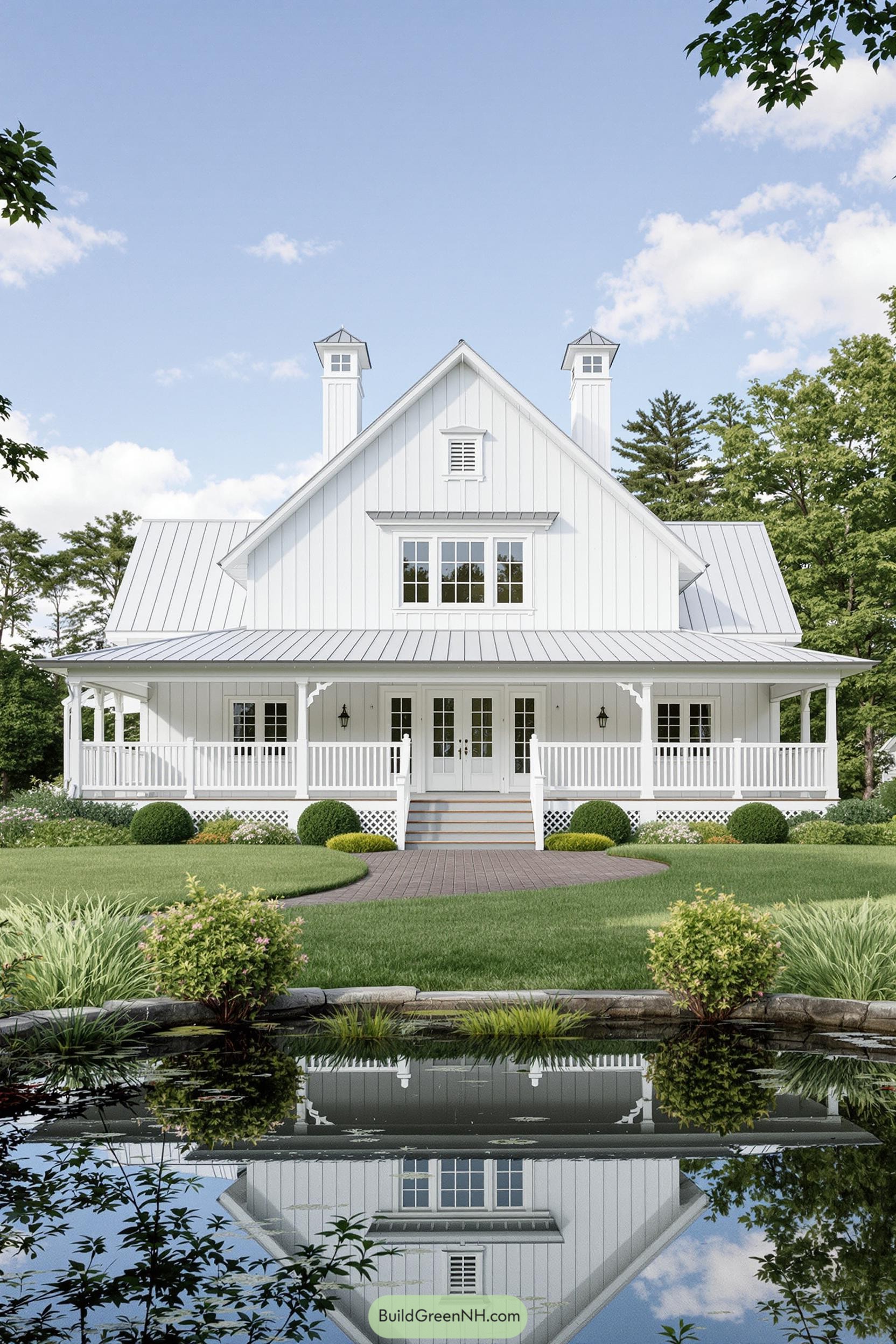 White barndominium with wraparound porch