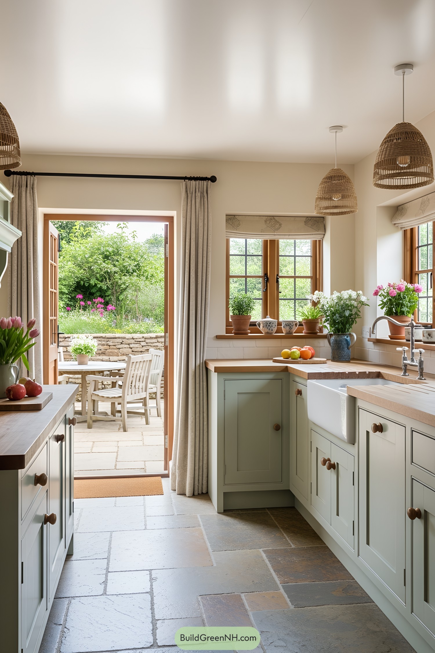 Sunny rustic kitchen with open door to garden