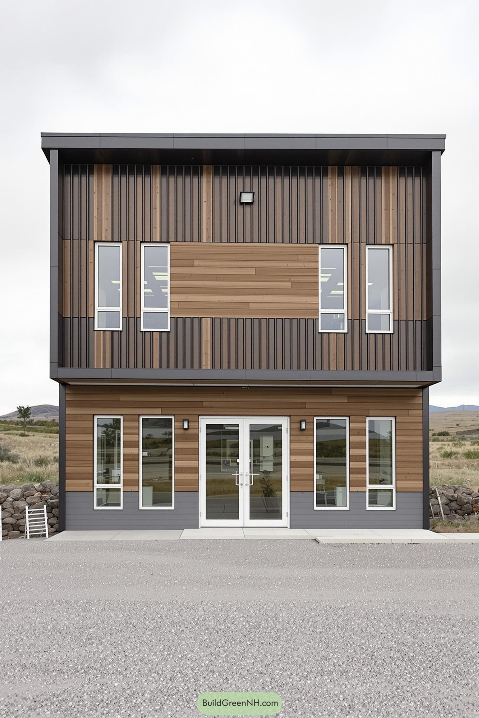 Modern building with mixed wood and metal facade