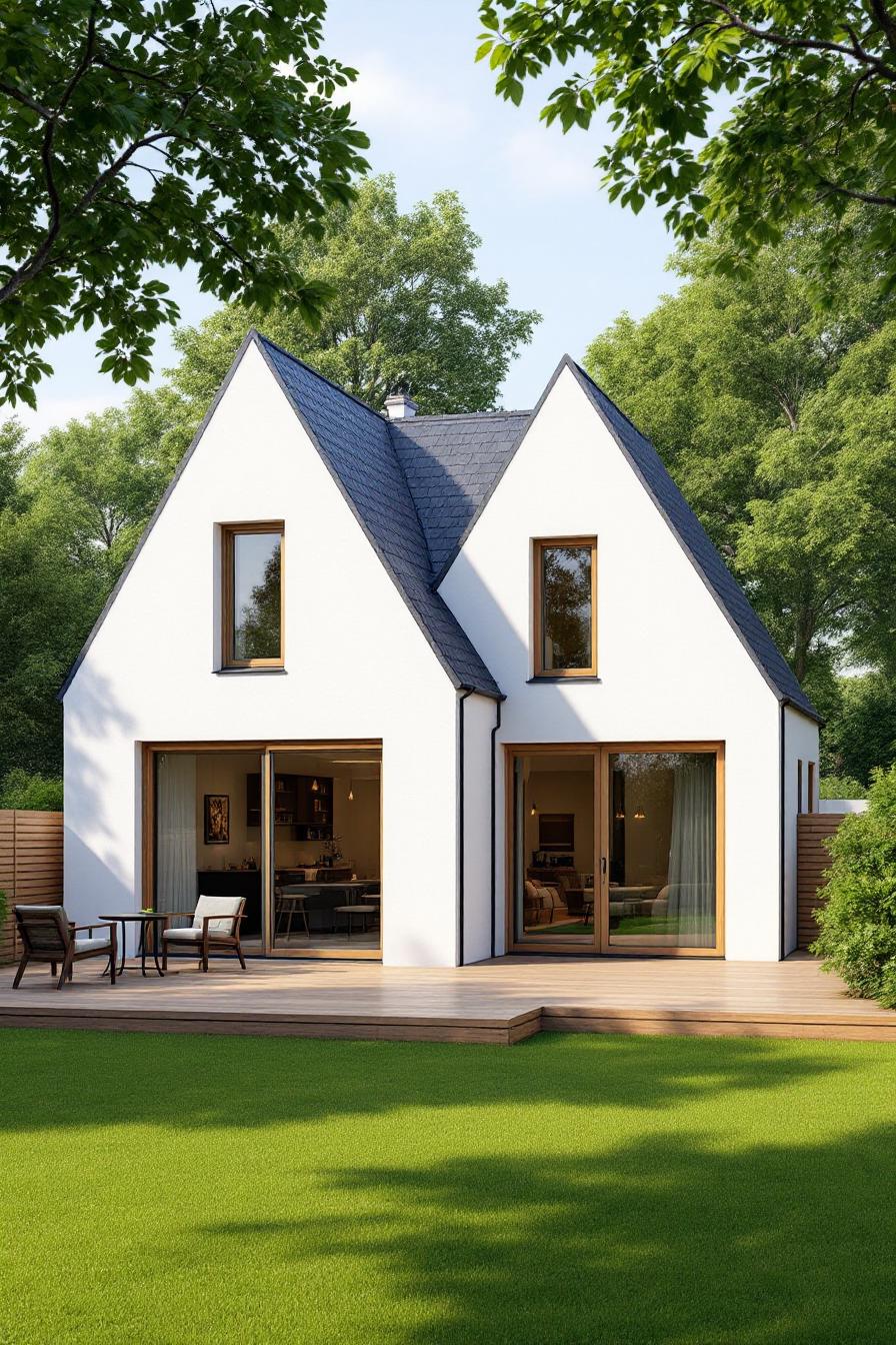 White dormer bungalow with large windows surrounded by greenery
