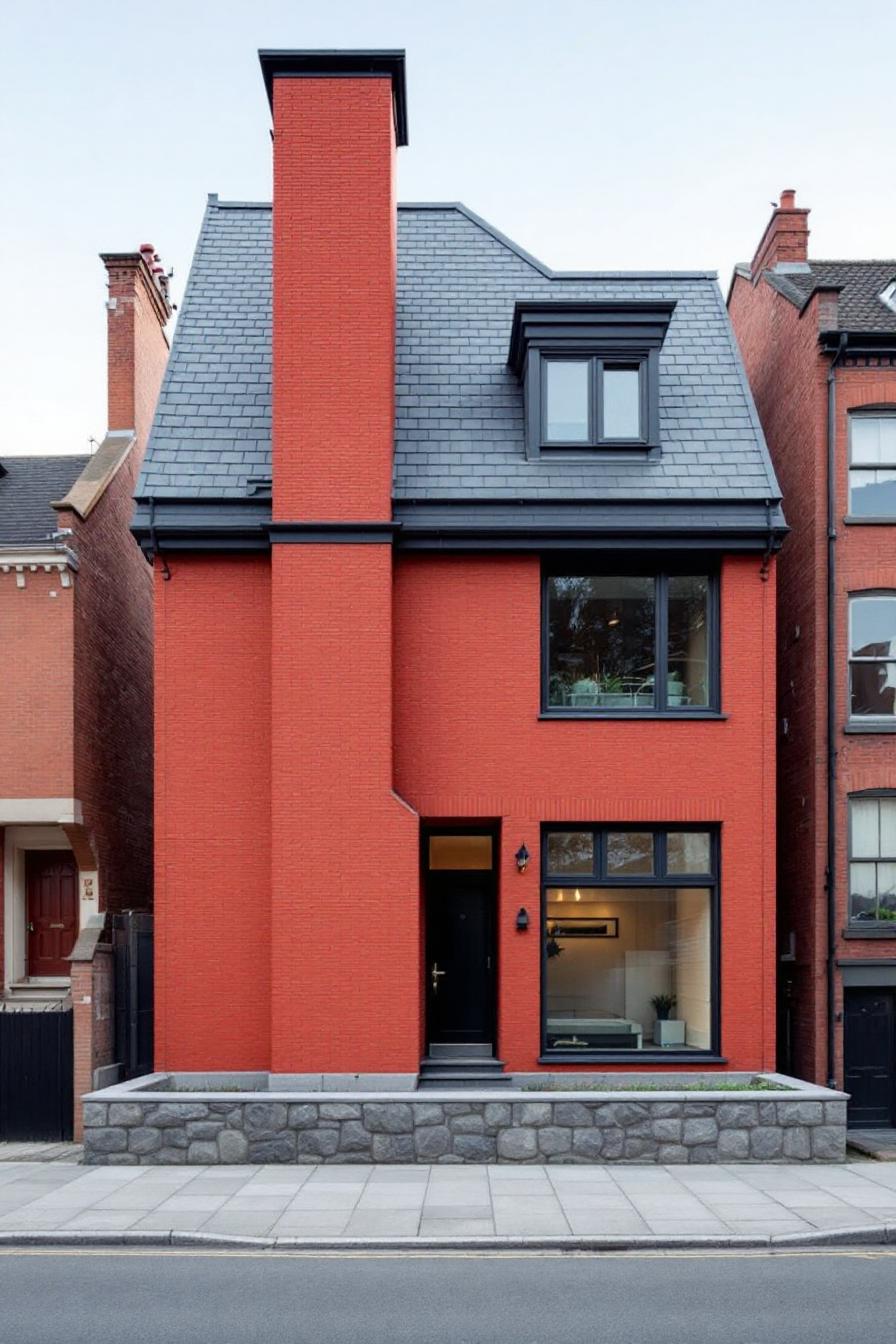 Modern red brick house with slate roof and large windows