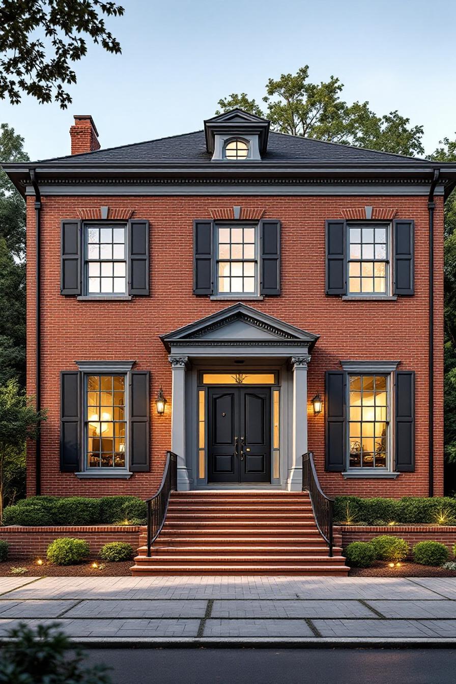 Classic brick house with black shutters and grand entrance