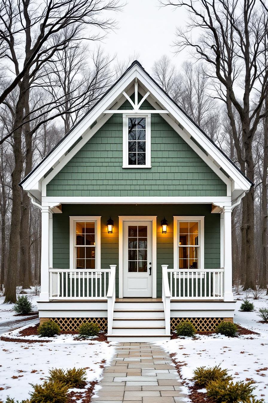 A small green house with a porch in a snowy forest