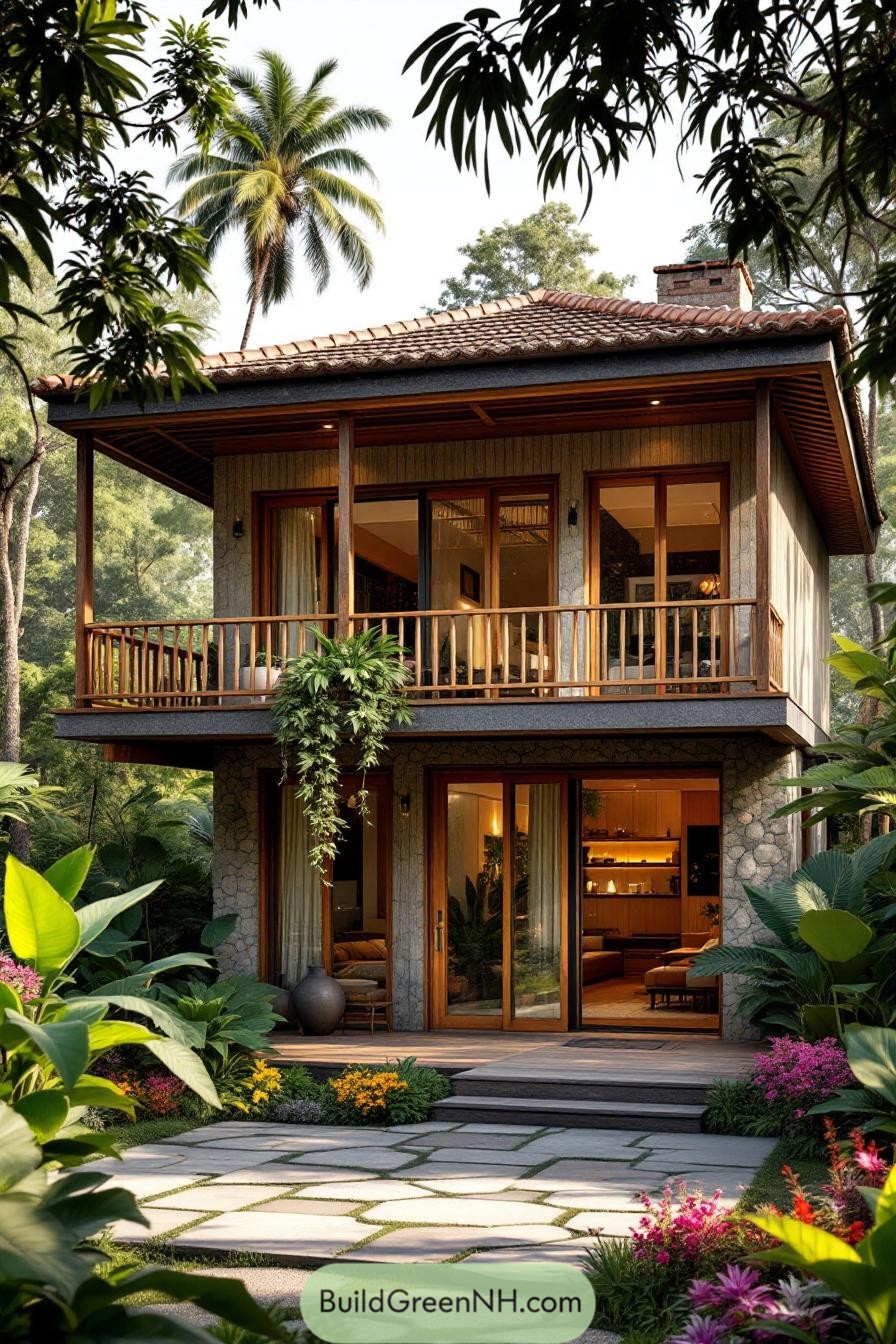 Two-story tropical house with lush garden