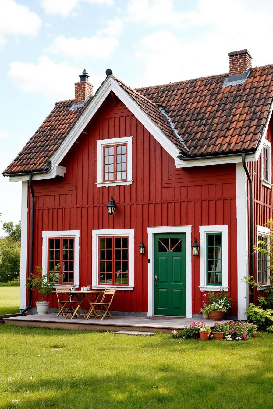 Red house with green door and patio surrounded by grass