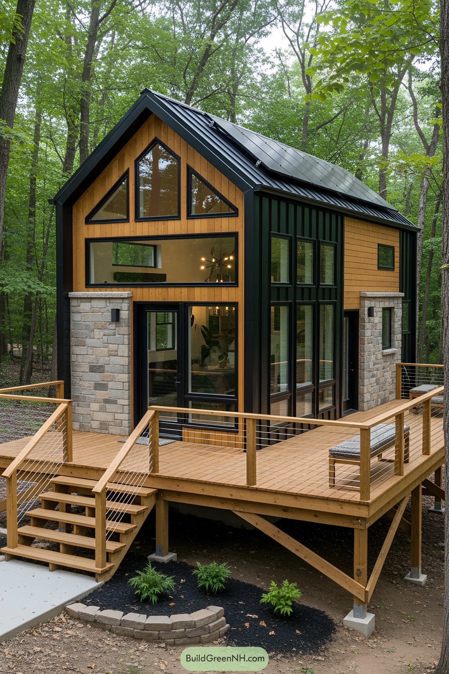 Tiny rustic house with large glass windows and a wooden deck