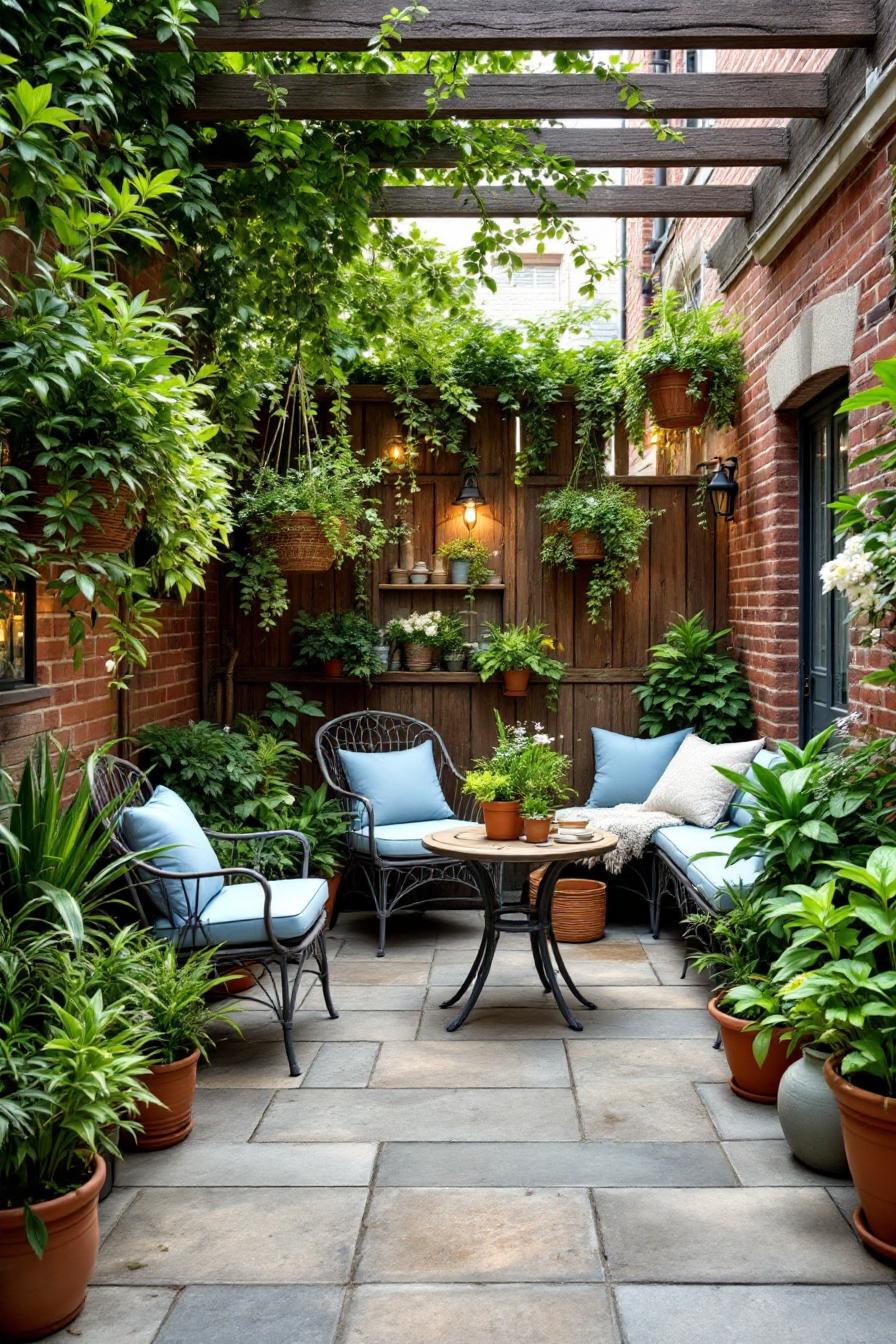 Cozy courtyard with plants and patio furniture