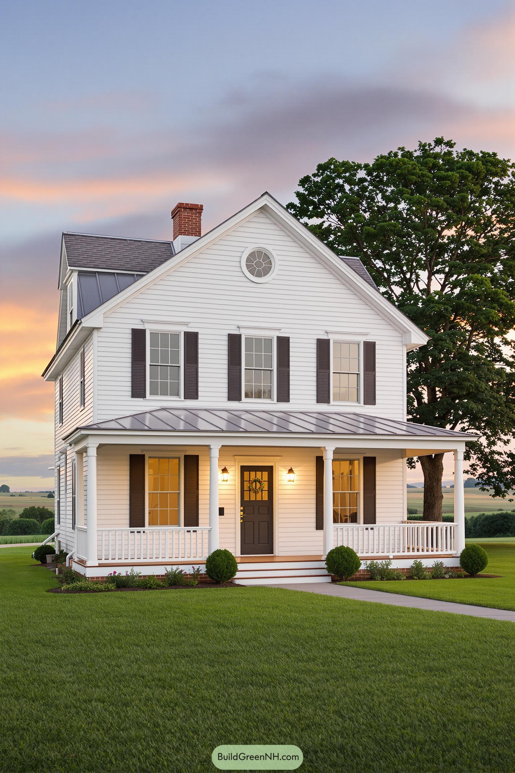 White farmhouse with dark shutters and a metal roof