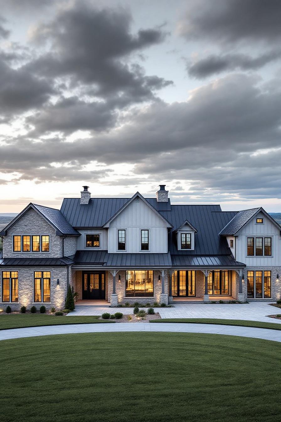 Expansive farmhouse mansion with large windows