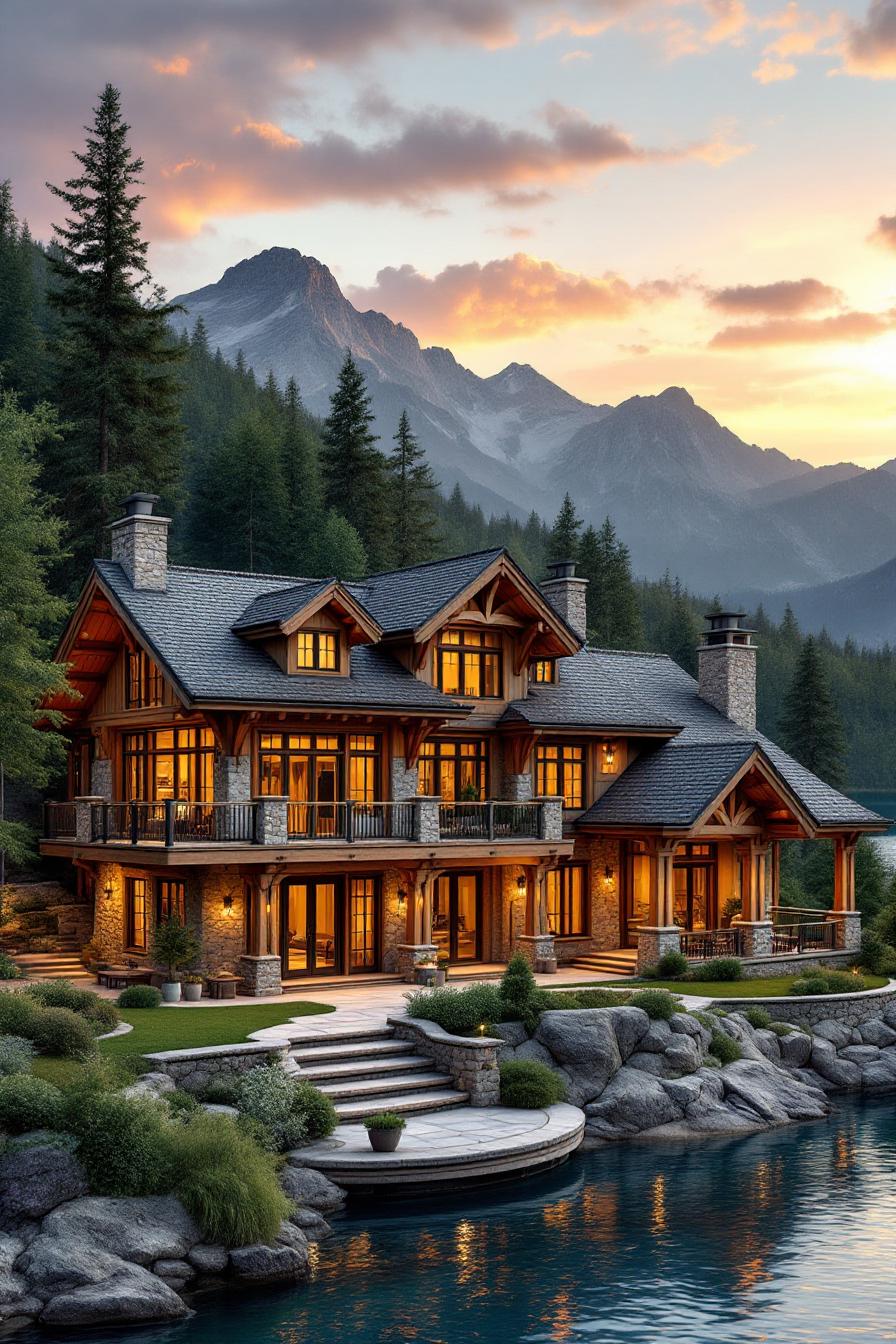 Lakeside house with mountain backdrop at sunset