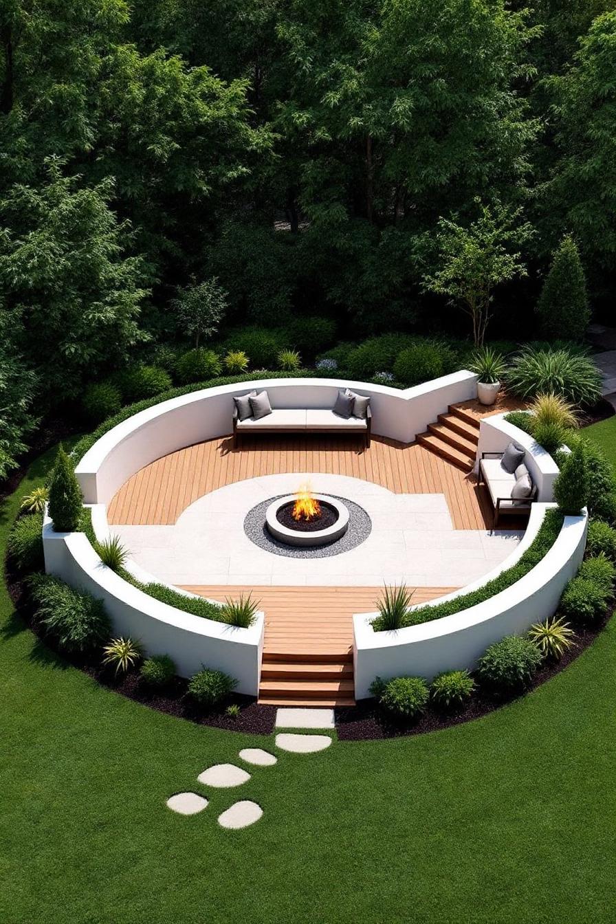 Circular courtyard with a fire pit and seating