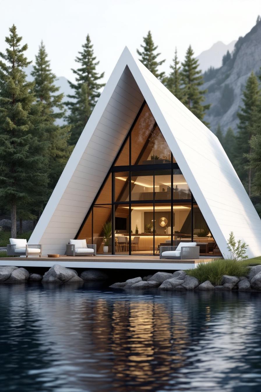 Modern A-frame cabin by a serene lake
