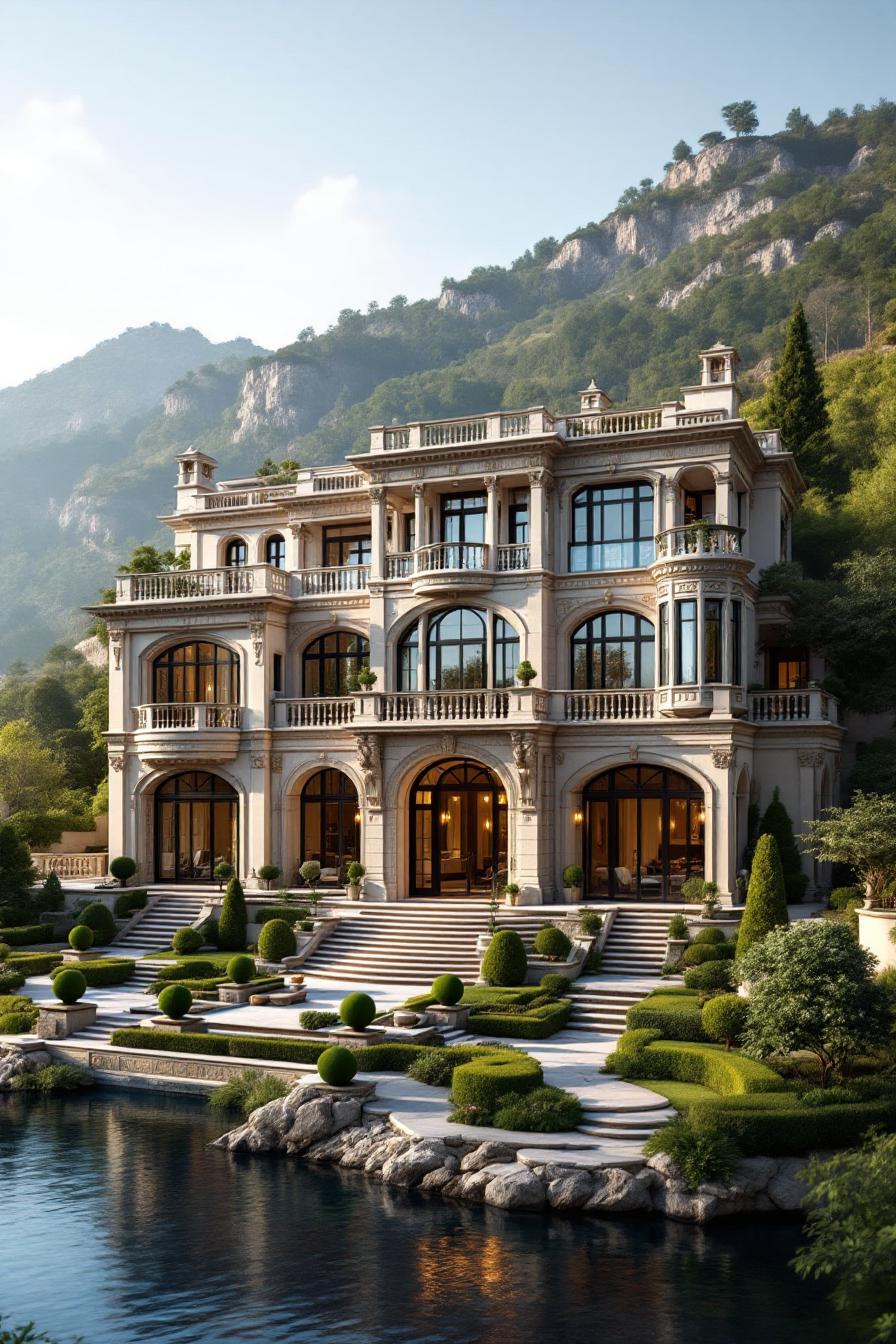 Luxurious villa by serene lakeside with lush gardens